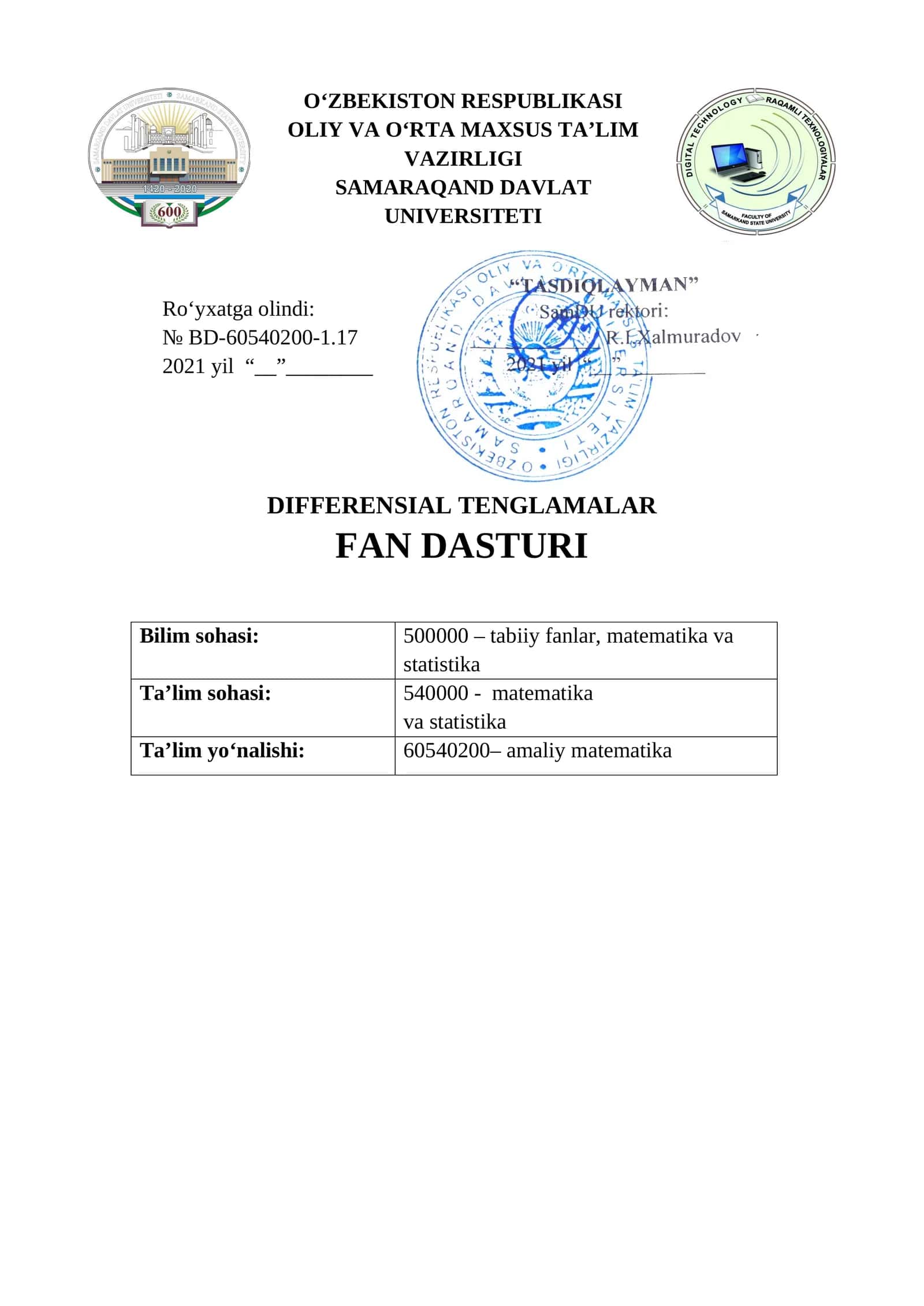 DIFFERENSIAL TENGLAMALAR FAN DASTURI 1
