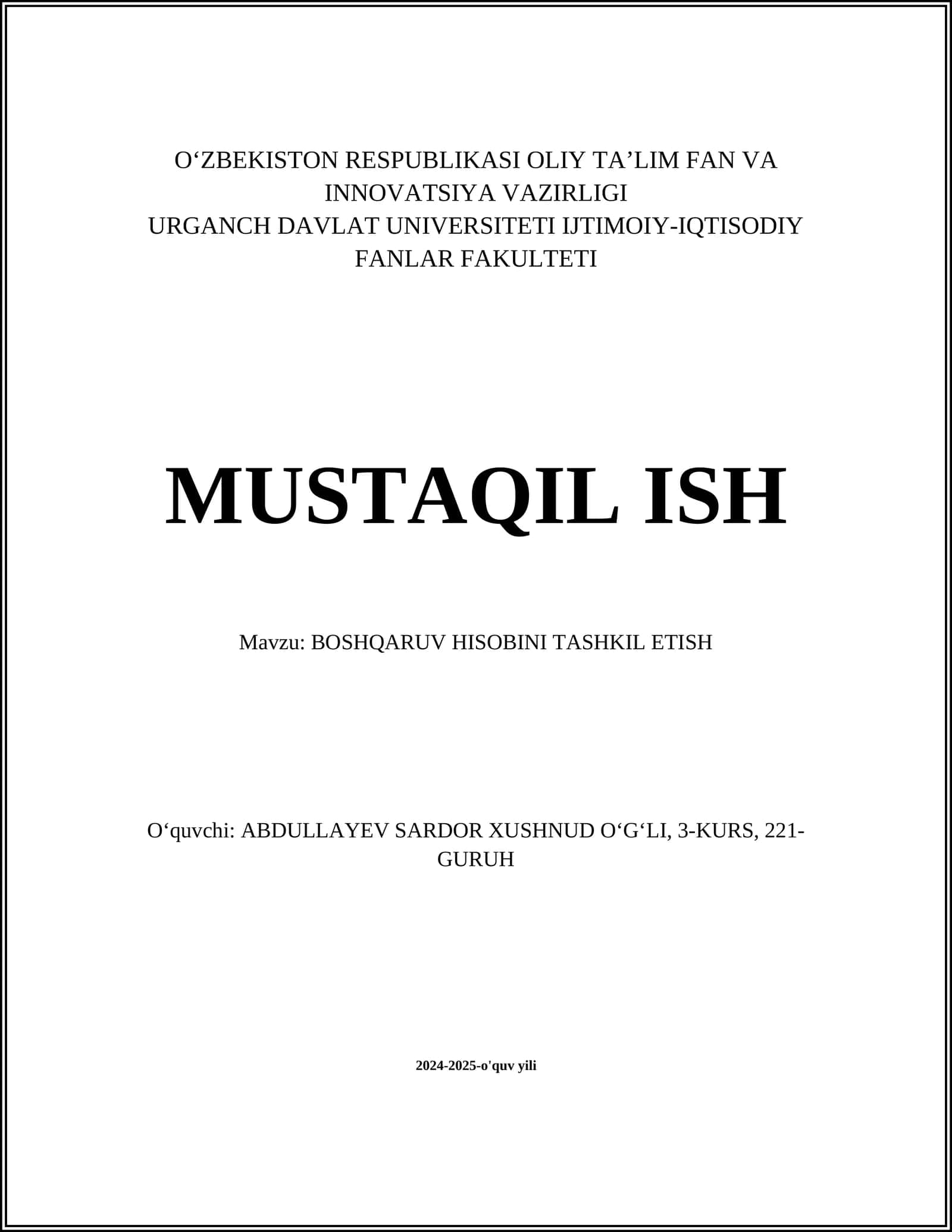 BOSHQARUV HISOBINI TASHKIL ETISH 1