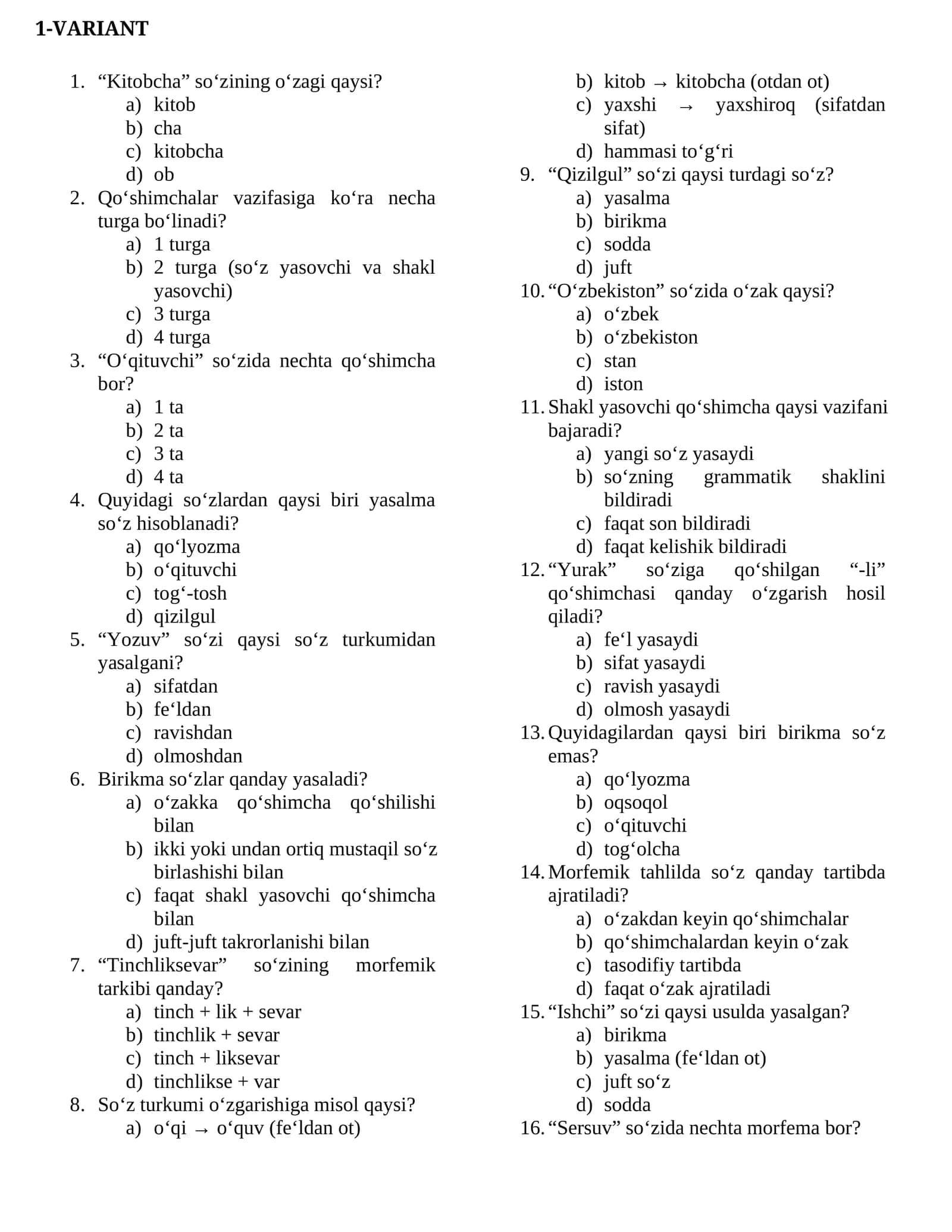 Morfemika(so'z tarkibi) 2 Variantli test 1