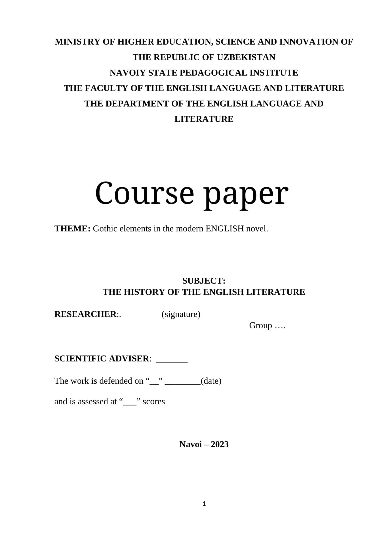 Course paper on Gothic elements in the modern ENGLISH novel 1