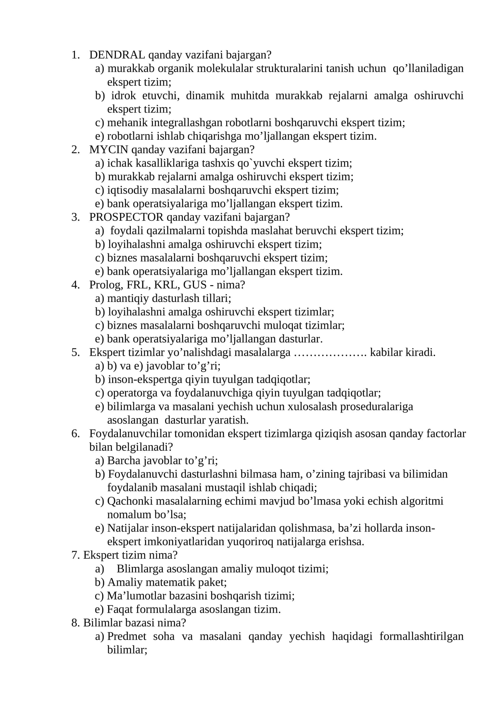 Ekspert tizimlar test savollari 1