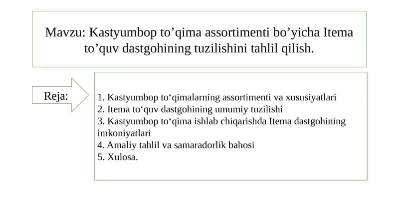 Kastyumbop to‘qimalar assortimenti bo‘yicha Itema to‘quv dastgohini tuzilishi 1
