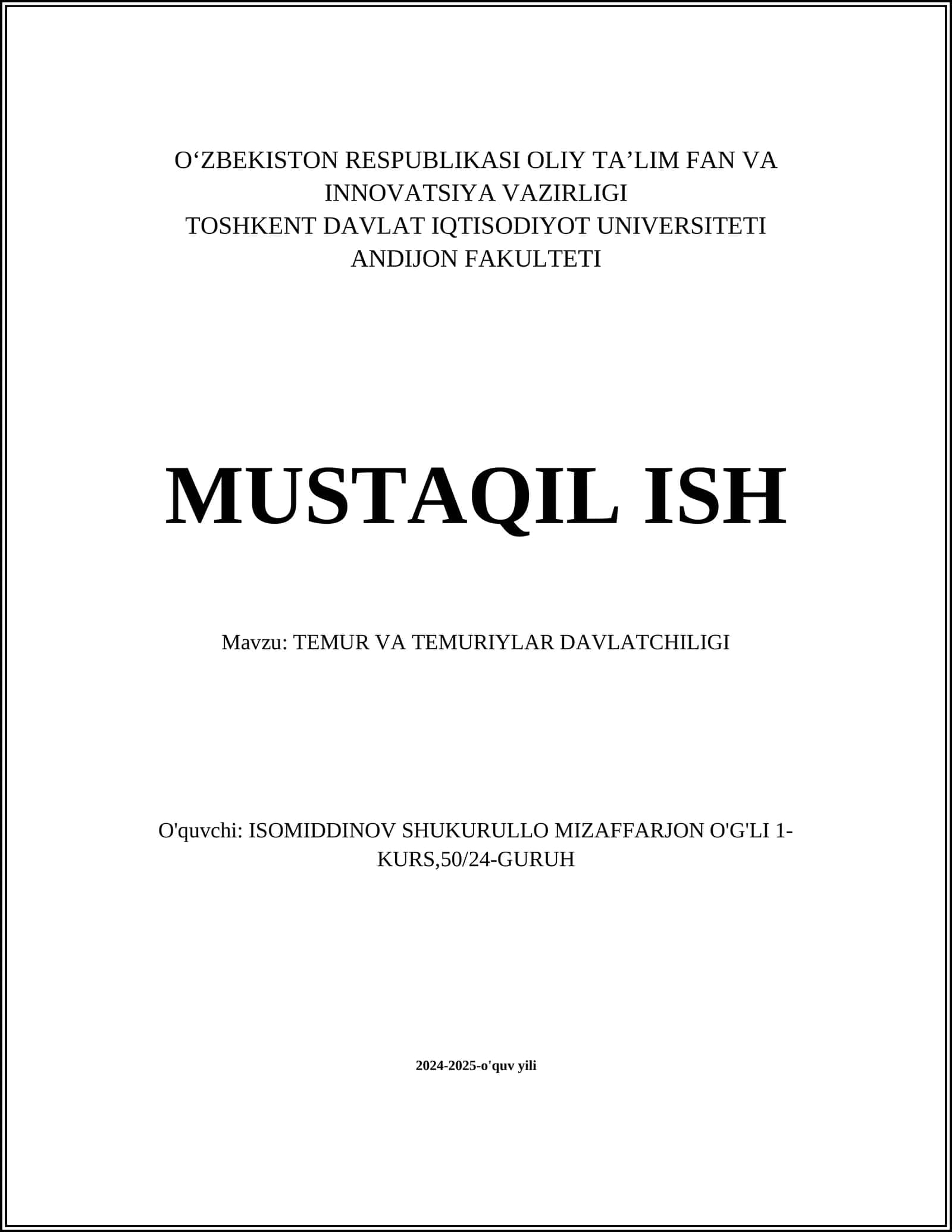 TEMUR VA TEMURIYLAR DAVLATCHILIGI 1