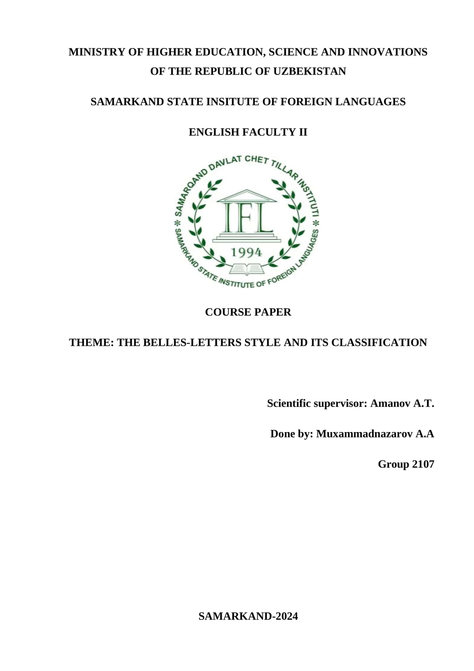 COURSE PAPER: THE BELLES-LETTERS STYLE AND ITS CLASSIFICATION 1