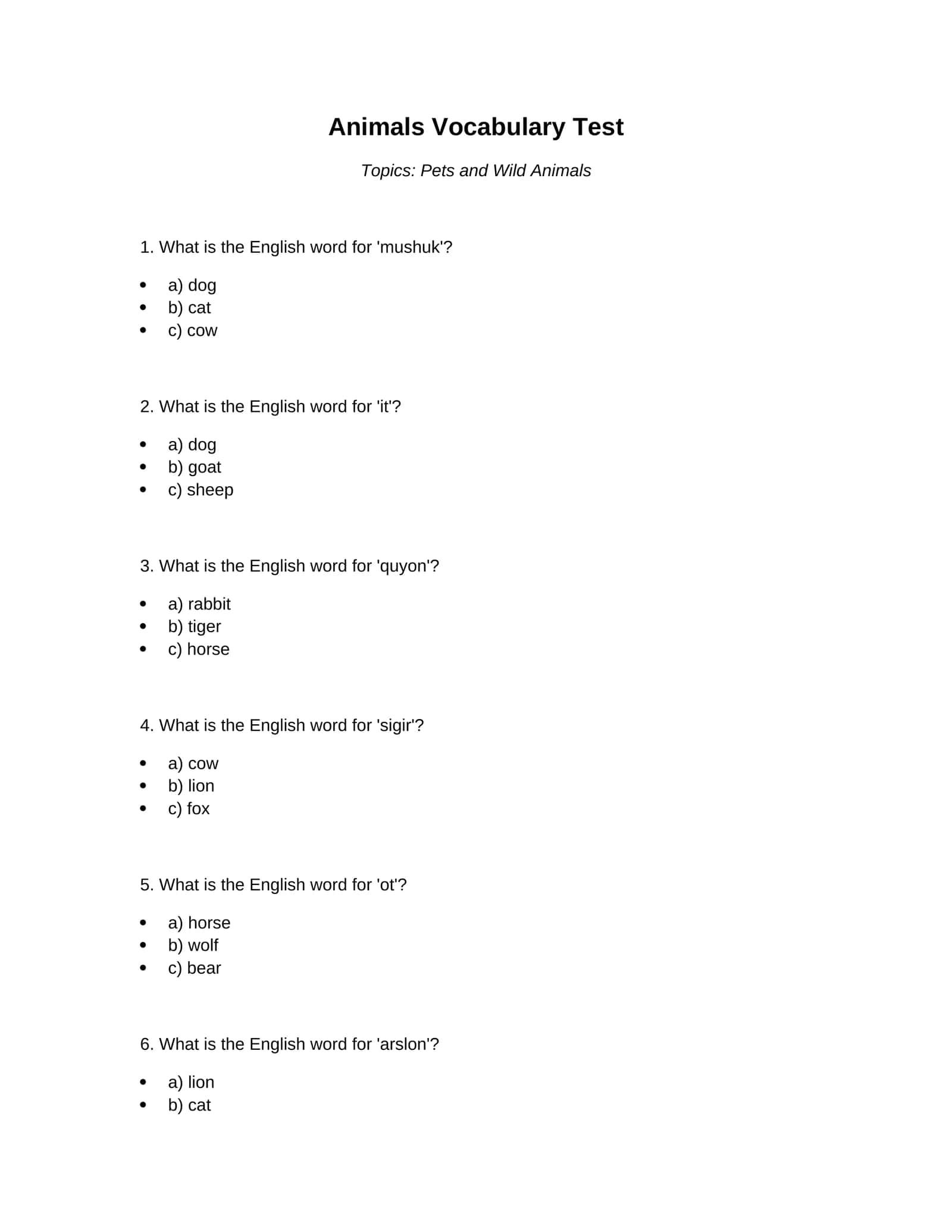Animals Vocabulary Test 1