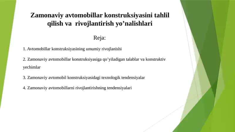 Zаmоnаviy аvtоmоbillаr kоnstruksiyasini tаhlil qilish va  rivojlantirish yo’nalishlari 1