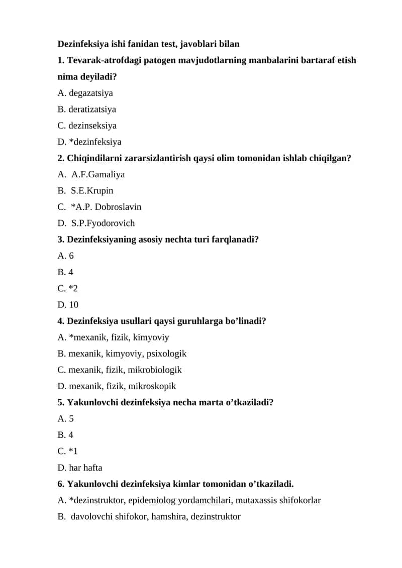 Dezinfeksiya ishi fanidan test, javoblari bilan 1
