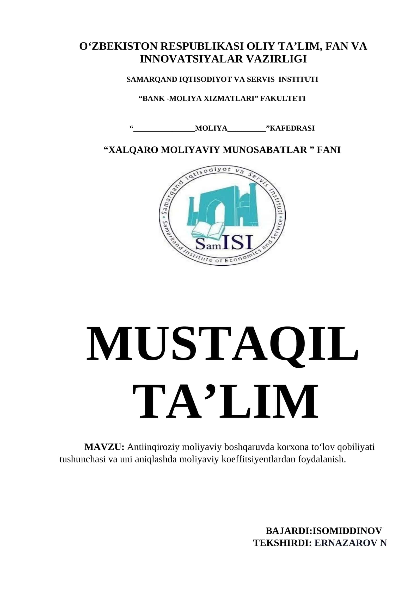 Antiinqiroziy moliyaviy boshqaruvda korxona to‘lov qobiliyati tushunchasi va uni aniqlashda moliyaviy koeffitsiyentlardan foydalanish 1