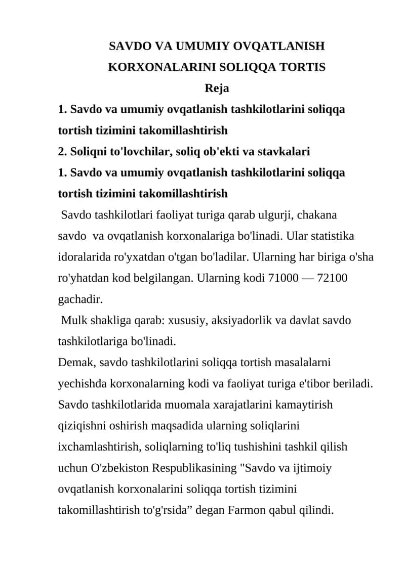 Savdo va umumiy ovqatlanish tashkilotlarini soliqqa tortish tizimi 1