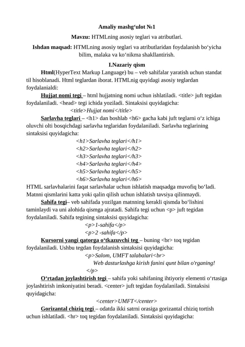 HTMLning asosiy teglari va atributlari 1