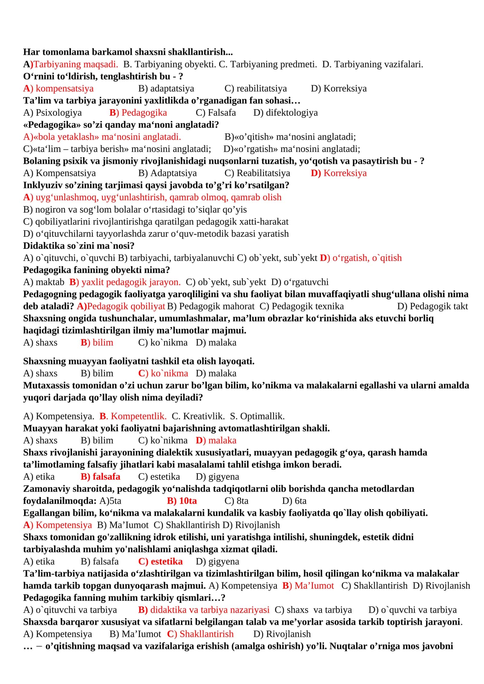 Pedagogika fanidan test savollar 1