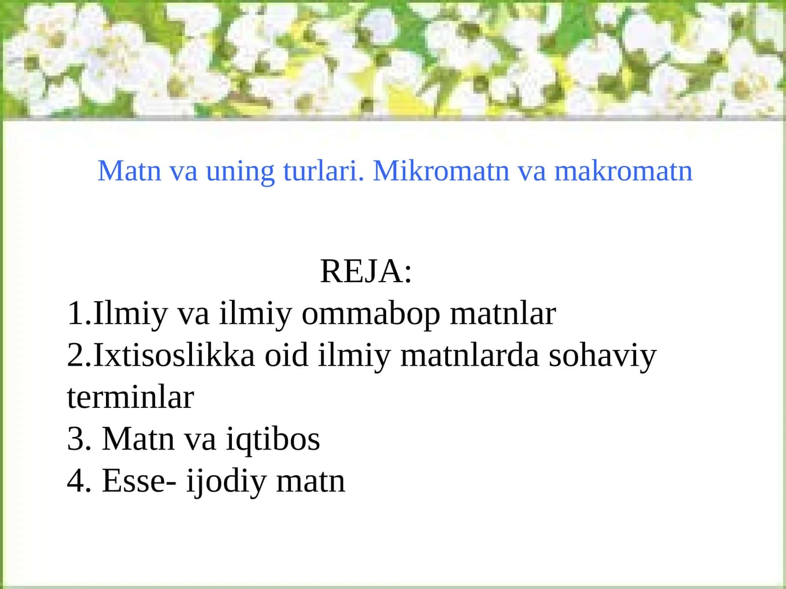 Matn va uning turlari. Mikromatn va makromatn 1