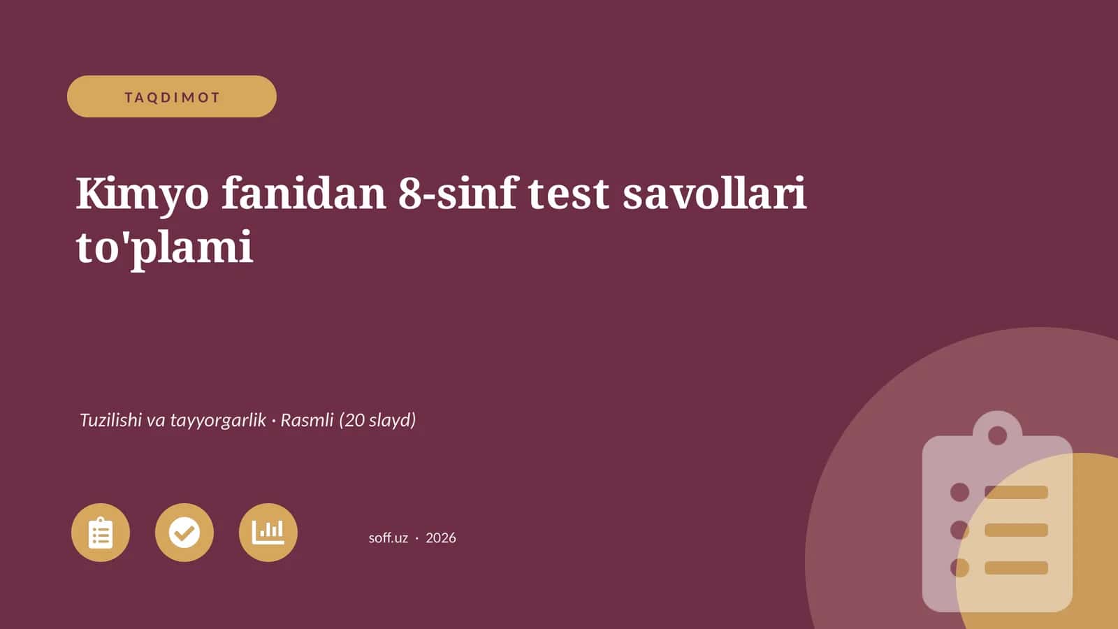 Kimyo fanidan 8-sinf test savollari to'plami 1