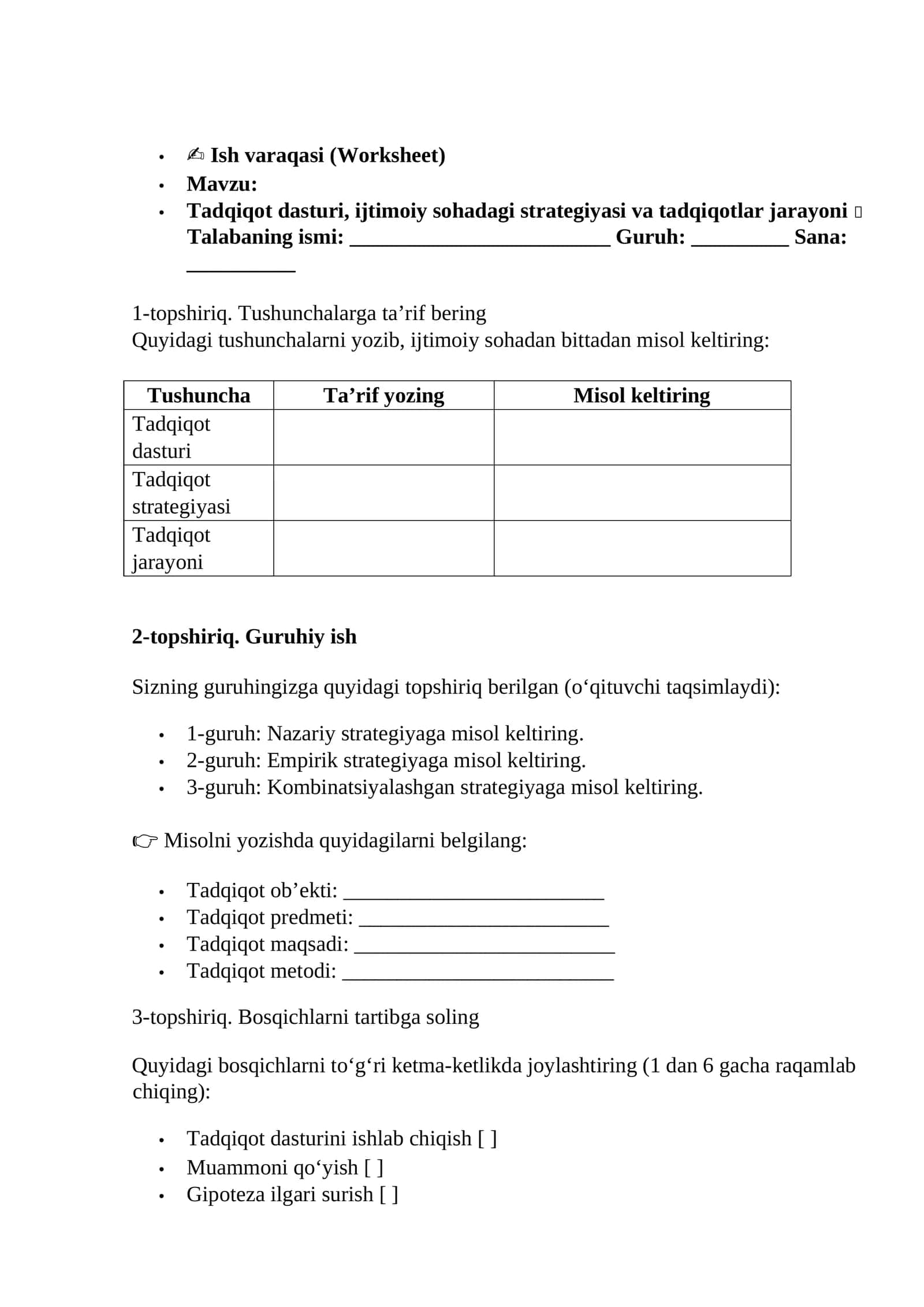 Ish varaqasi (Worksheet) 1