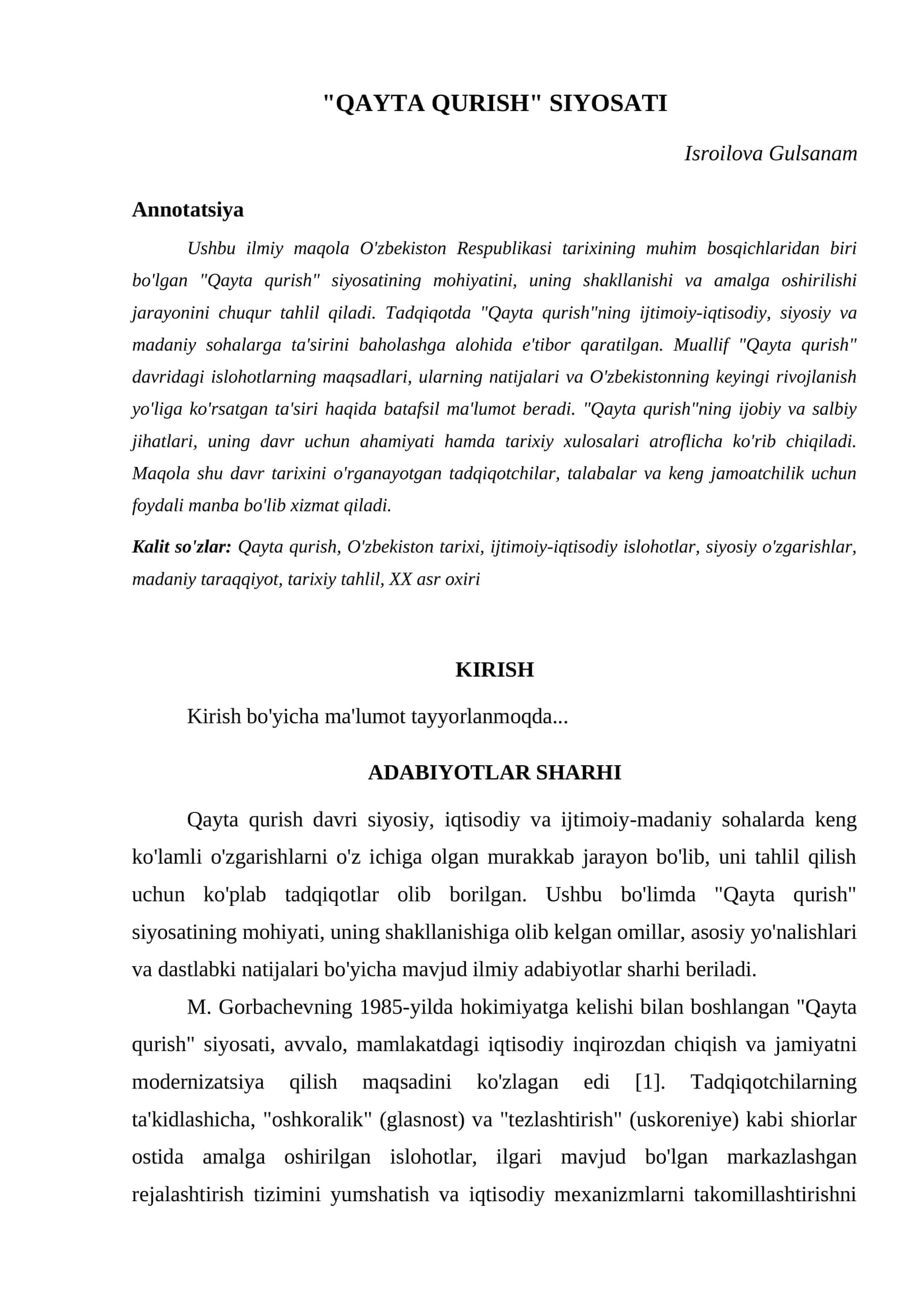 "QAYTA QURISH" SIYOSATI 1