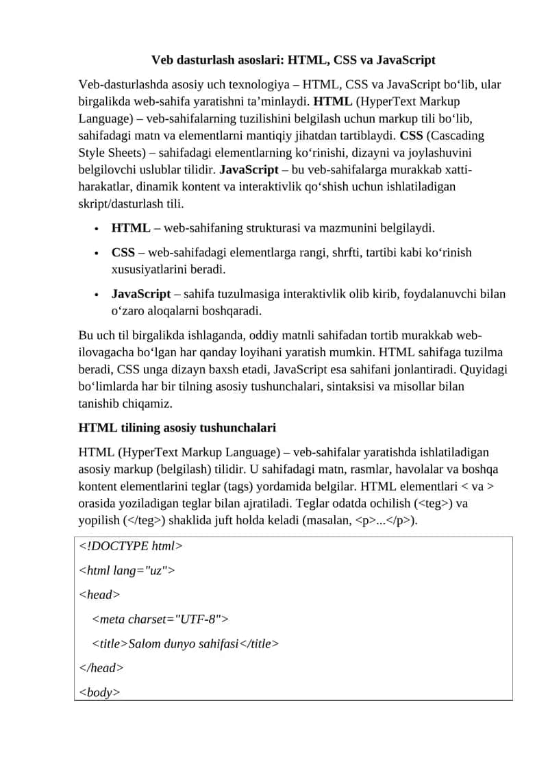 Veb dasturlash asoslari: HTML, CSS va JavaScript 1
