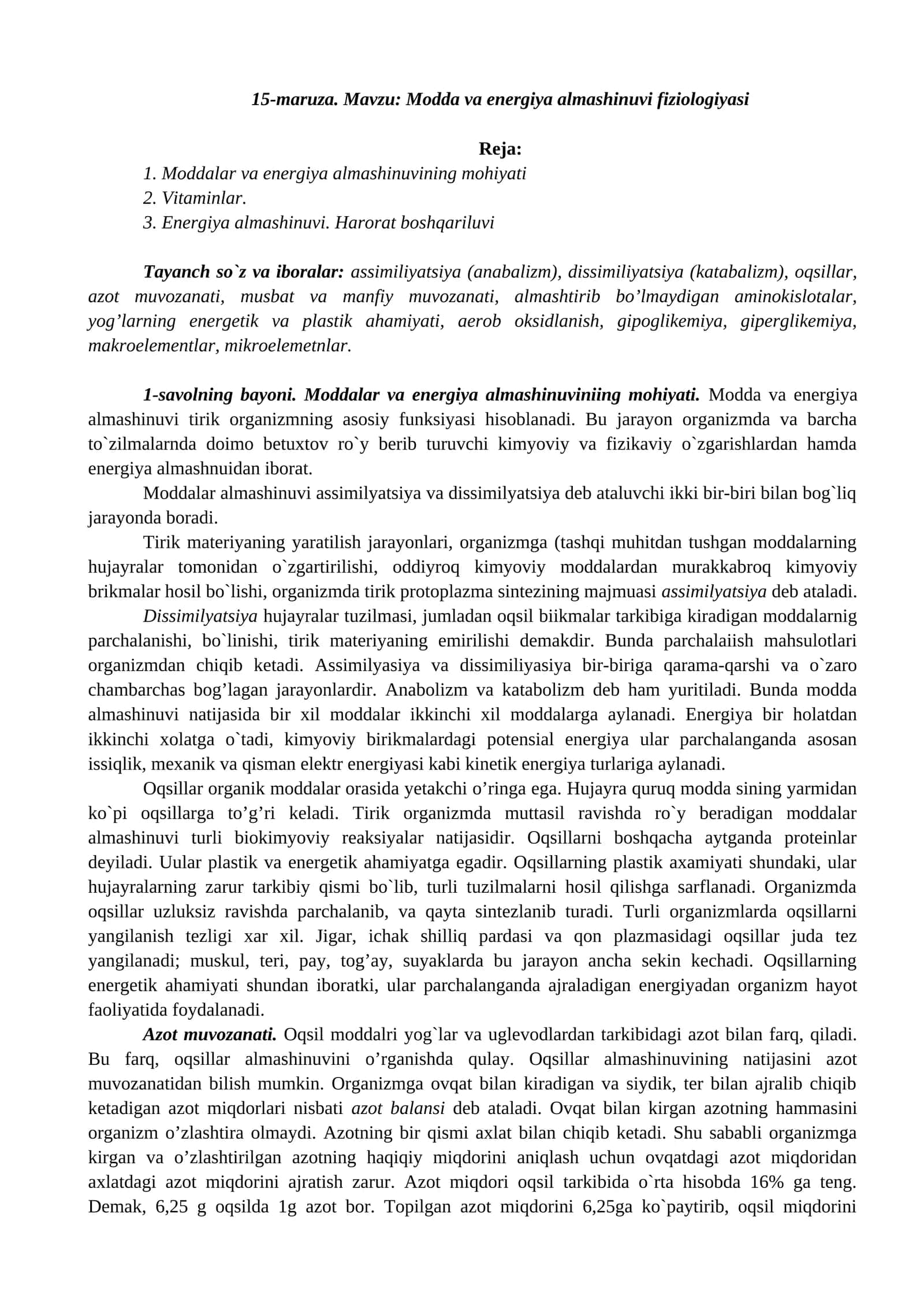 Modda va energiya almashinuvi fiziologiyasi 1