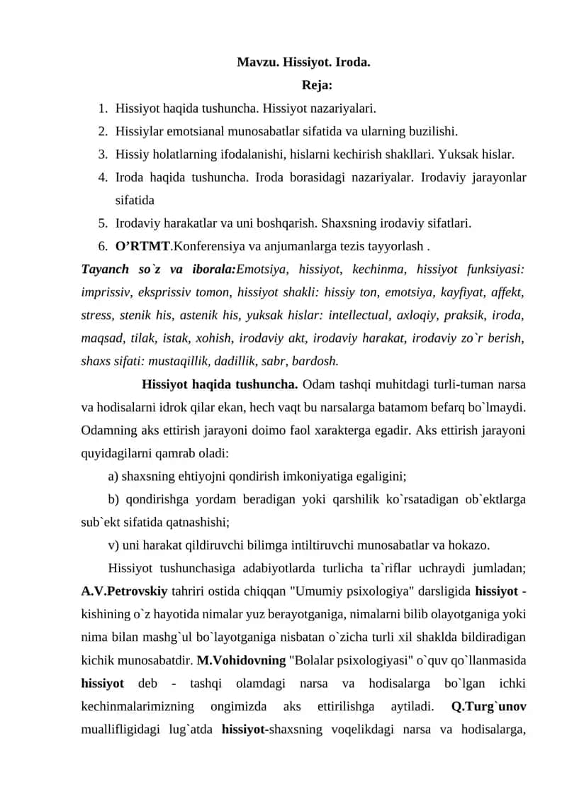 Hissiyot. Iroda. 1