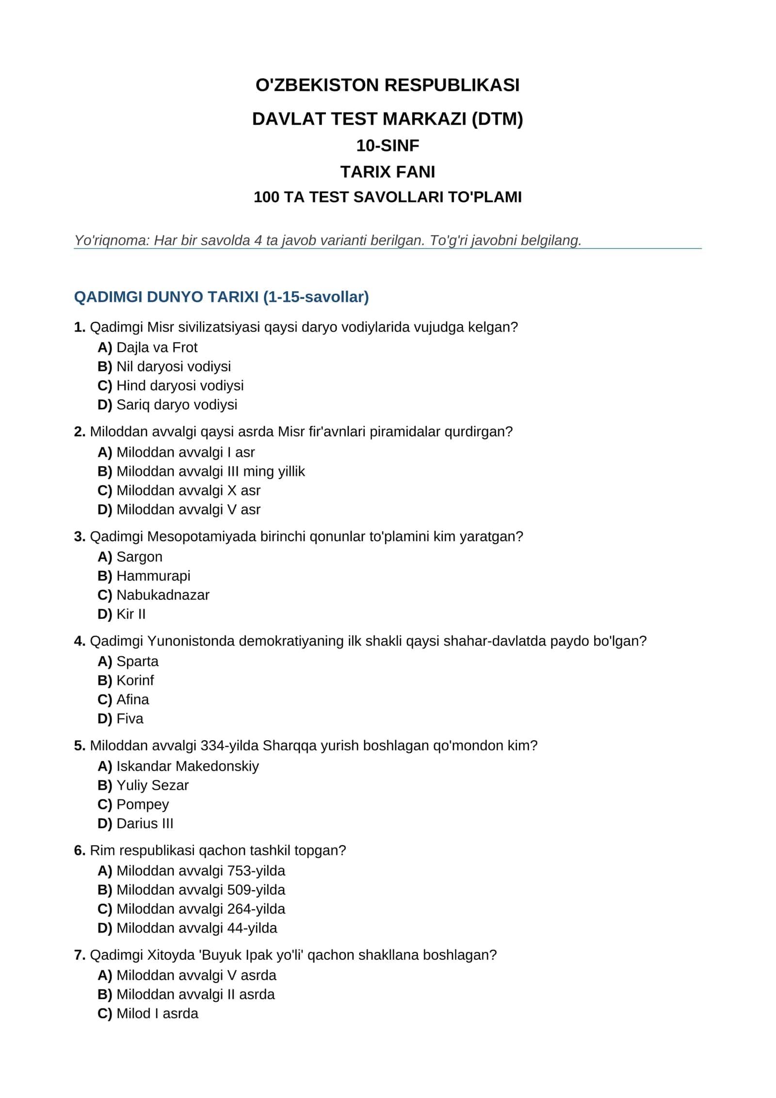 Tarix savollar 1