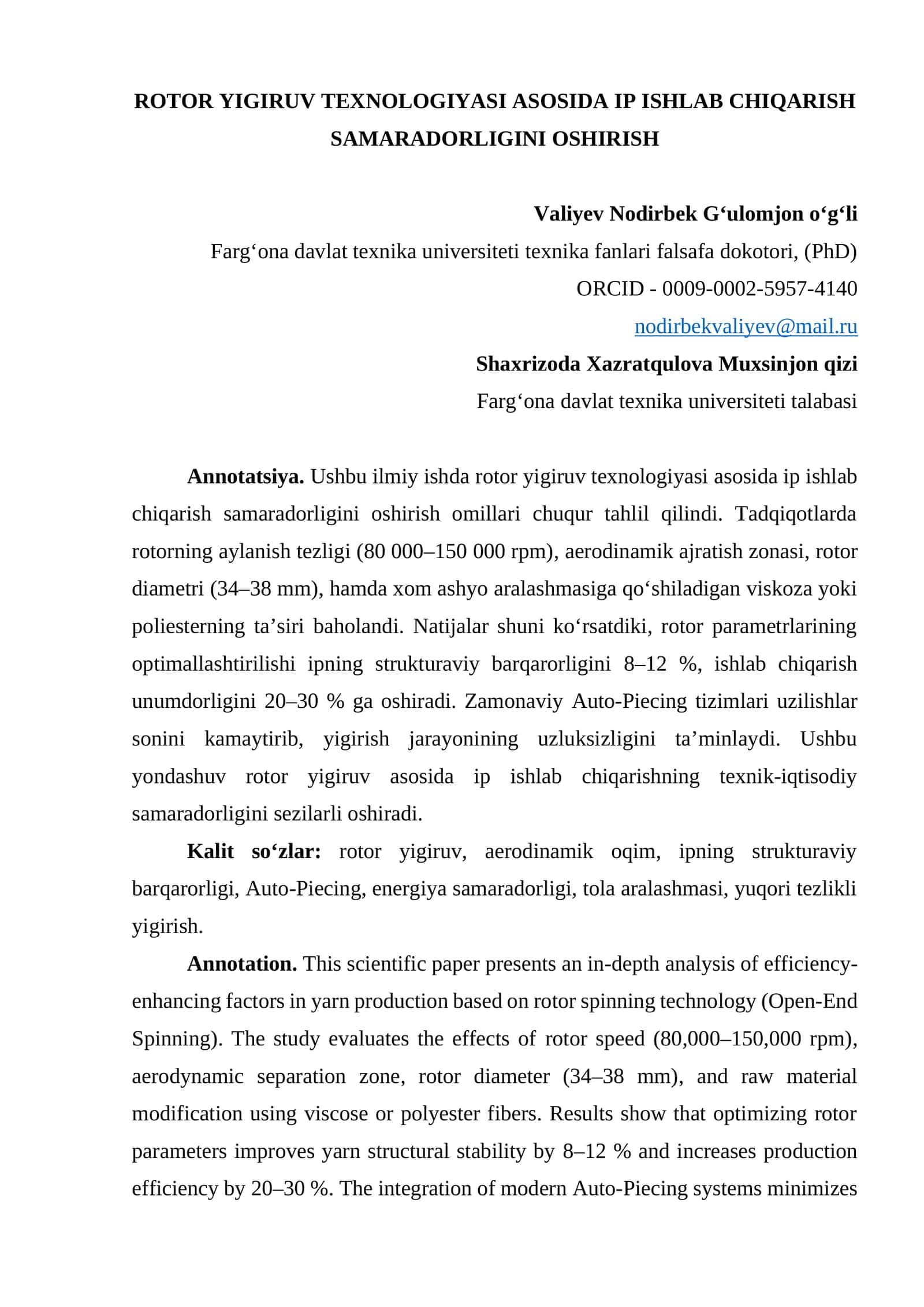 ROTOR YIGIRUV TEXNOLOGIYASI ASOSIDA IP ISHLAB CHIQARISH SAMARADORLIGINI OSHIRISH 1