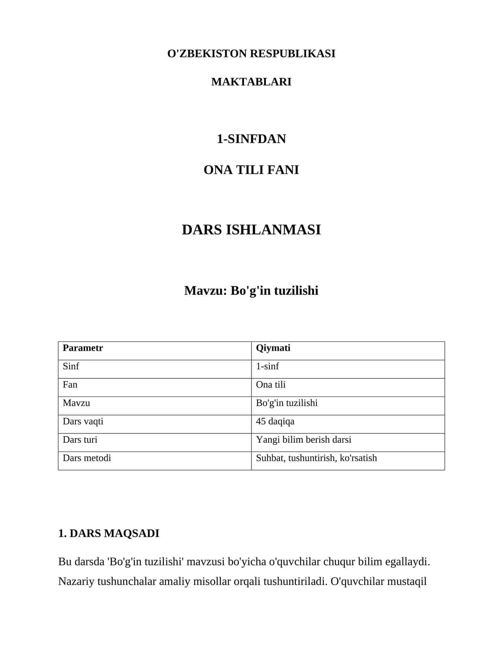 Bo'g'in tuzilishi Dars Ishlanmasi 1