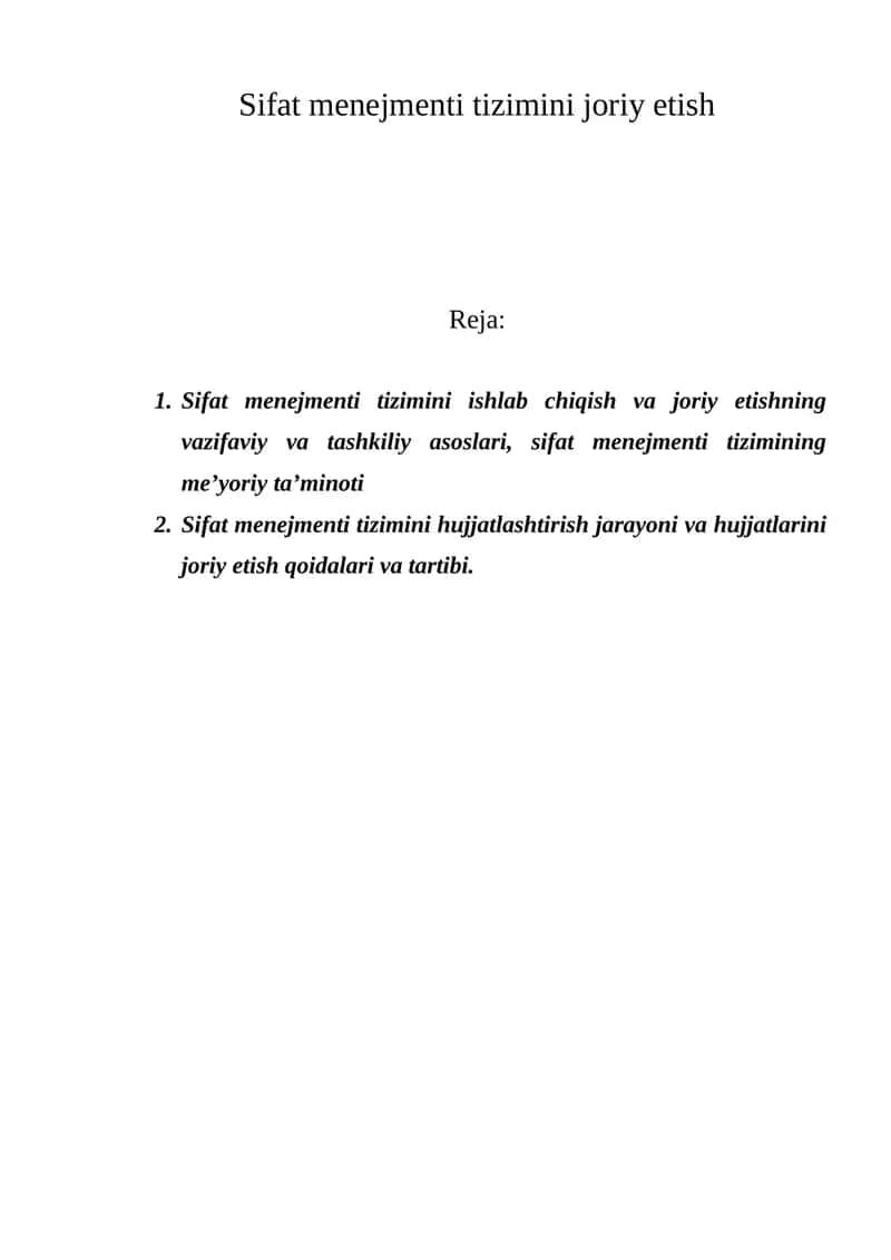 Sifat menejmenti tizimini joriy etish 1