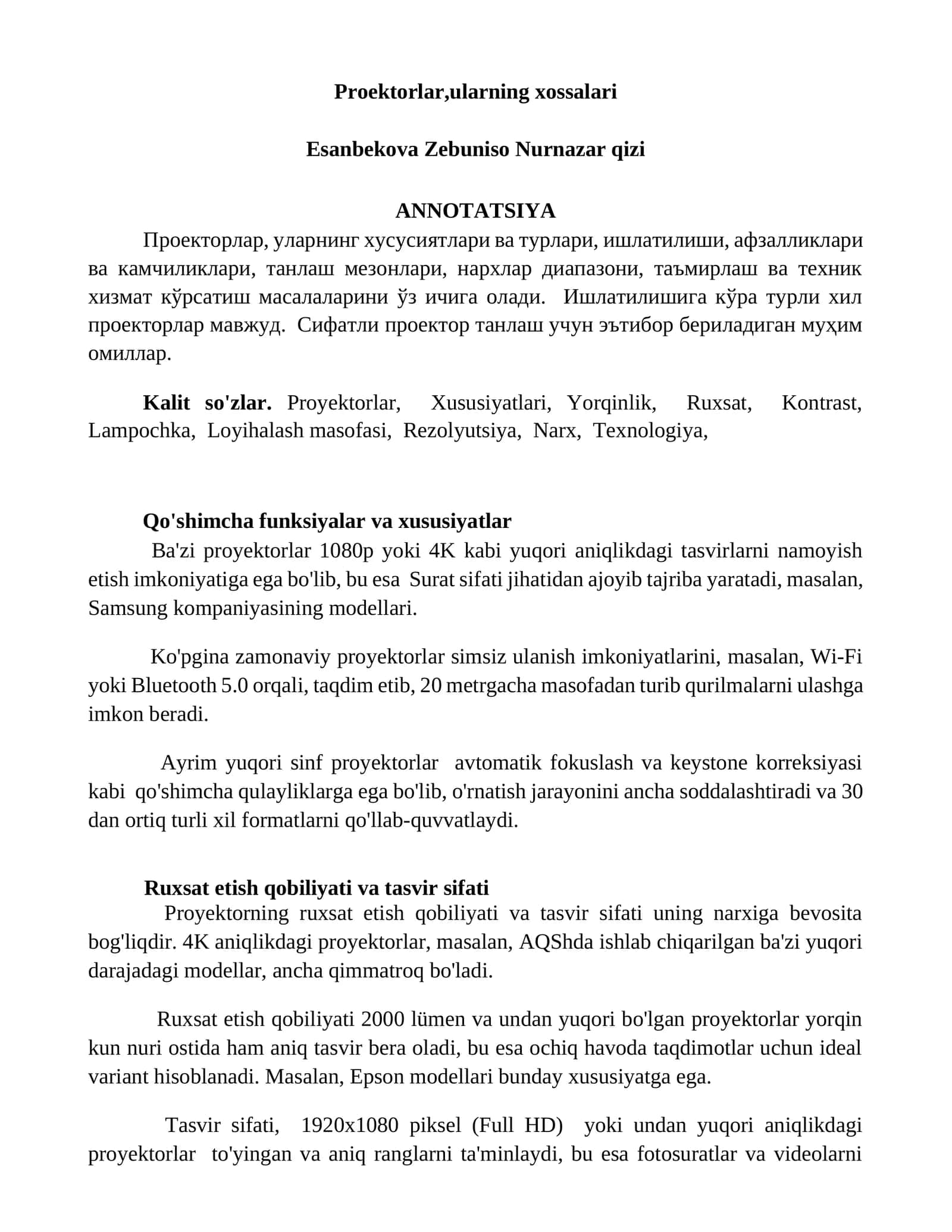 Proektorlar, ularning xossalari 1
