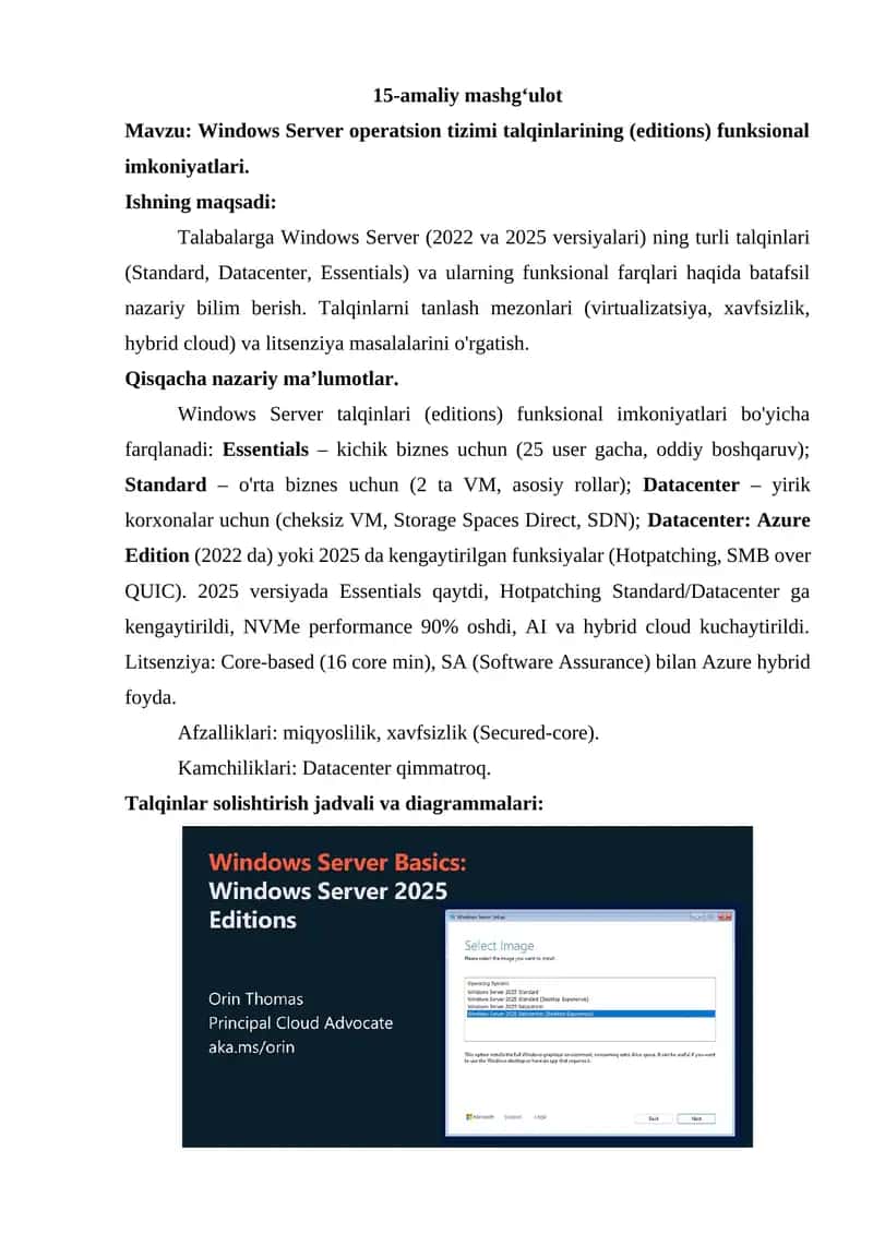 Windows Server operatsion tizimi talqinlarining (editions) funksional imkoniyatlari 1