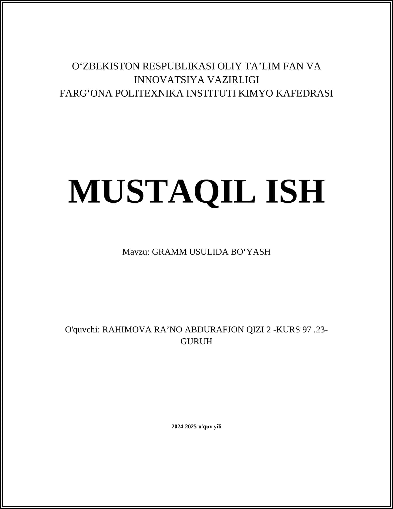 GRAMM USULIDA BO'YASH 1