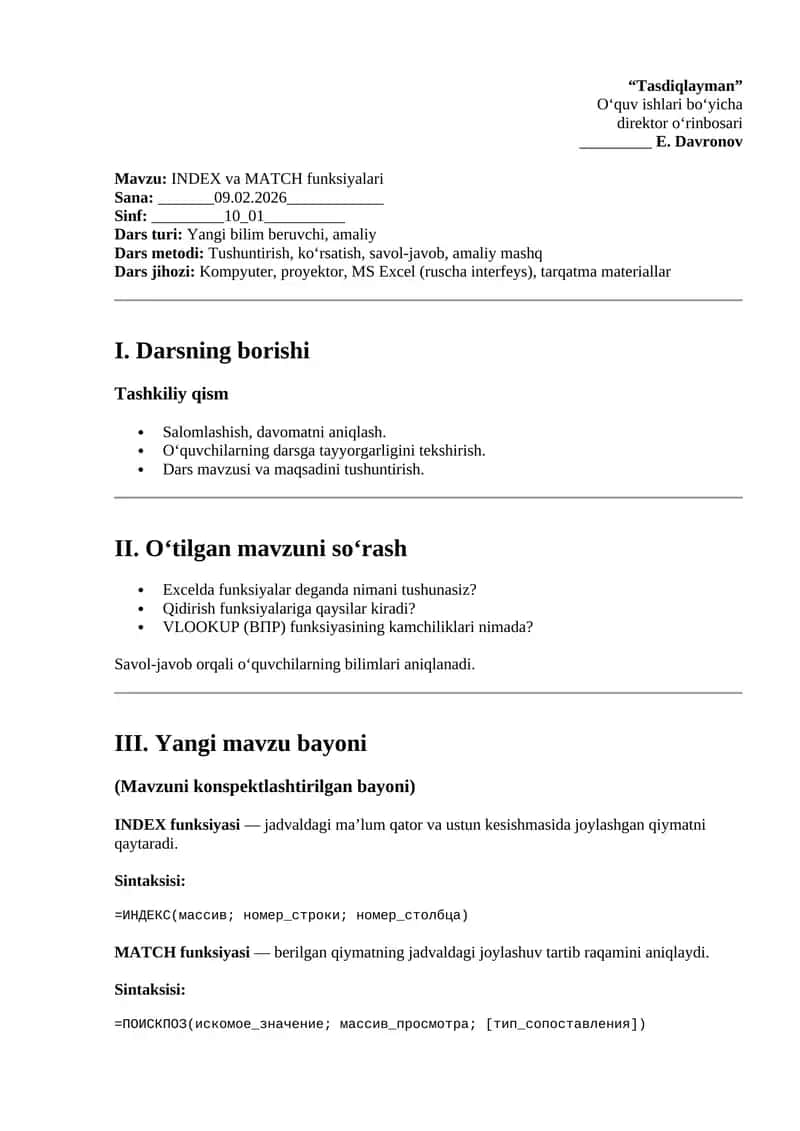 INDEX va MATCH funksiyalari 1
