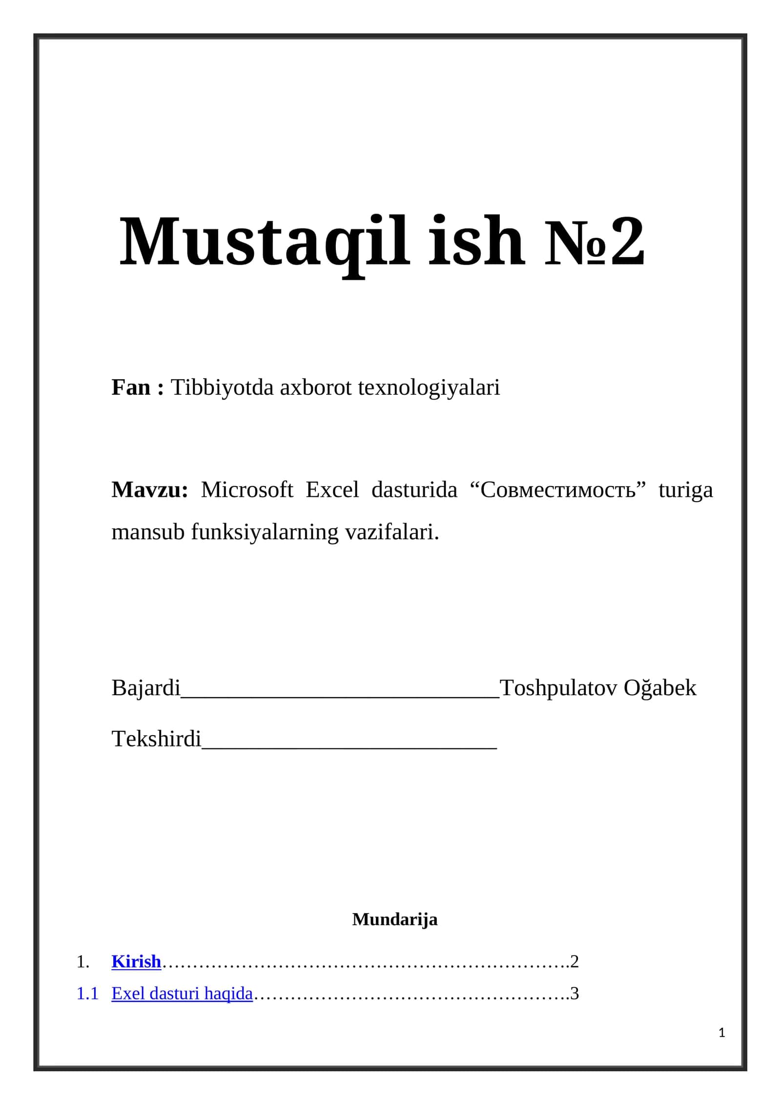 Microsoft Excel dasturida “Совместимость” turiga mansub funksiyalarning vazifalari. 1