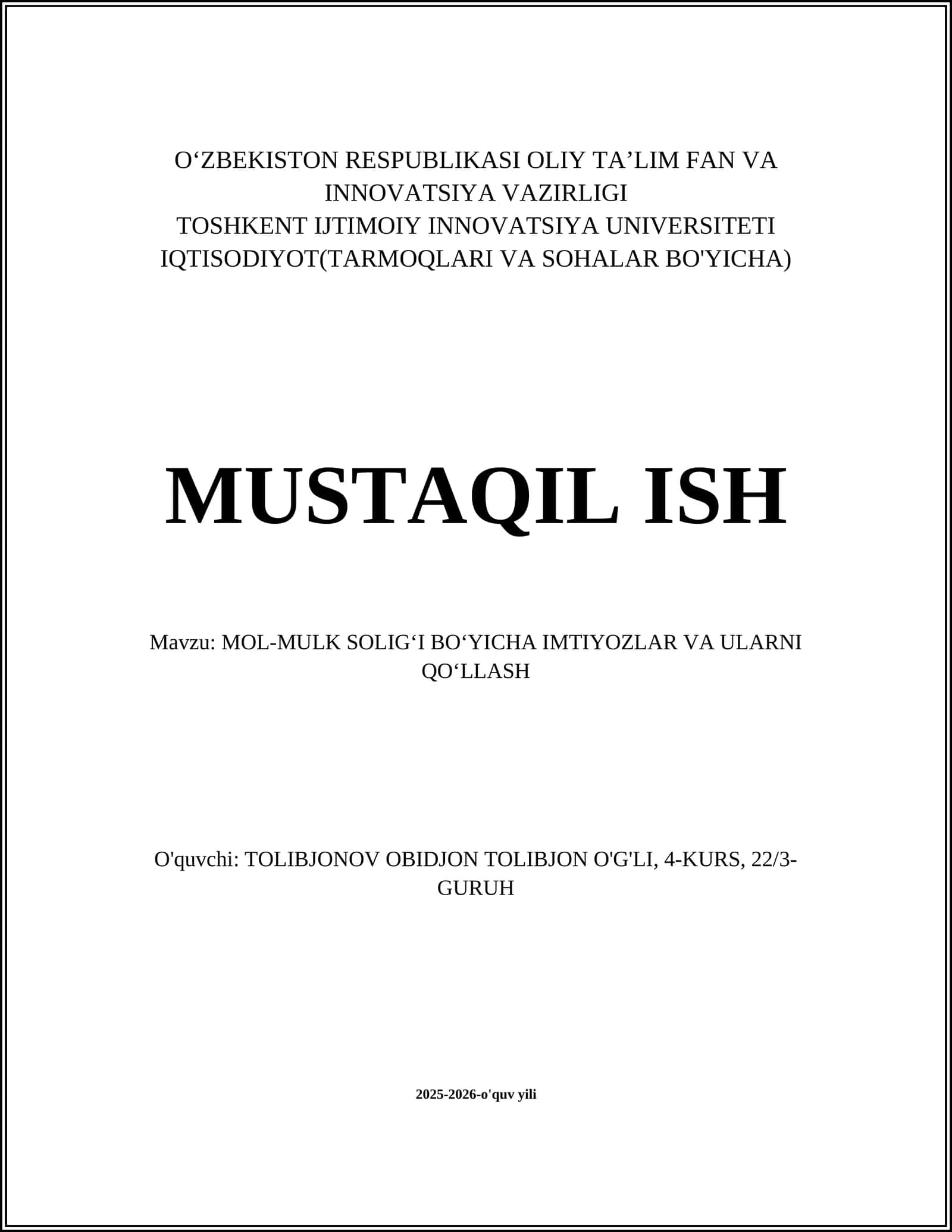 MOL-MULK SOLIG‘I BO‘YICHA IMTIYOZLAR VA ULARNI QO‘LLASH 1