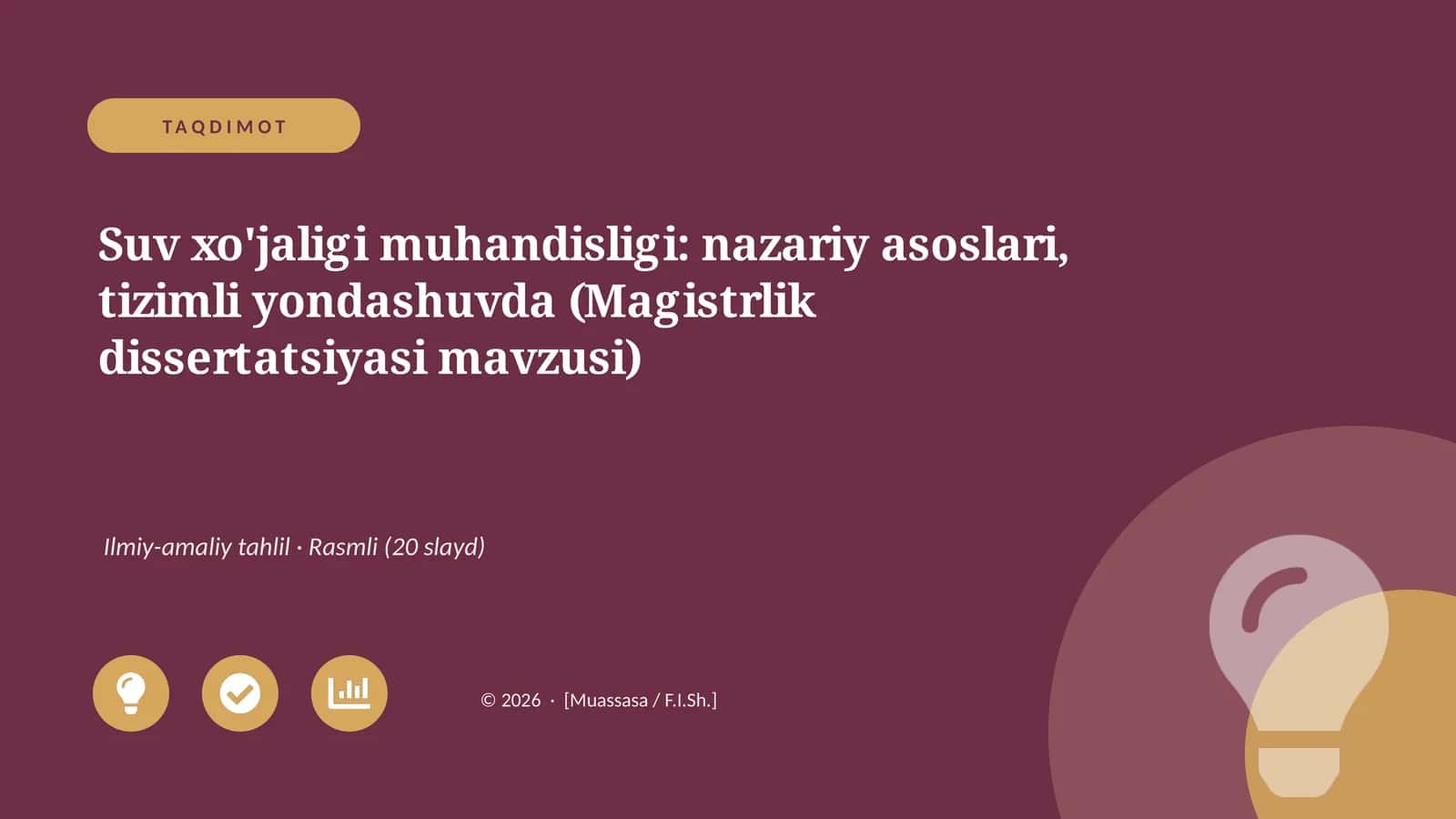 Suv xo'jaligi muhandisligi: nazariy asoslari, tizimli yondashuvda (Magistrlik dissertatsiyasi mavzusi) 1