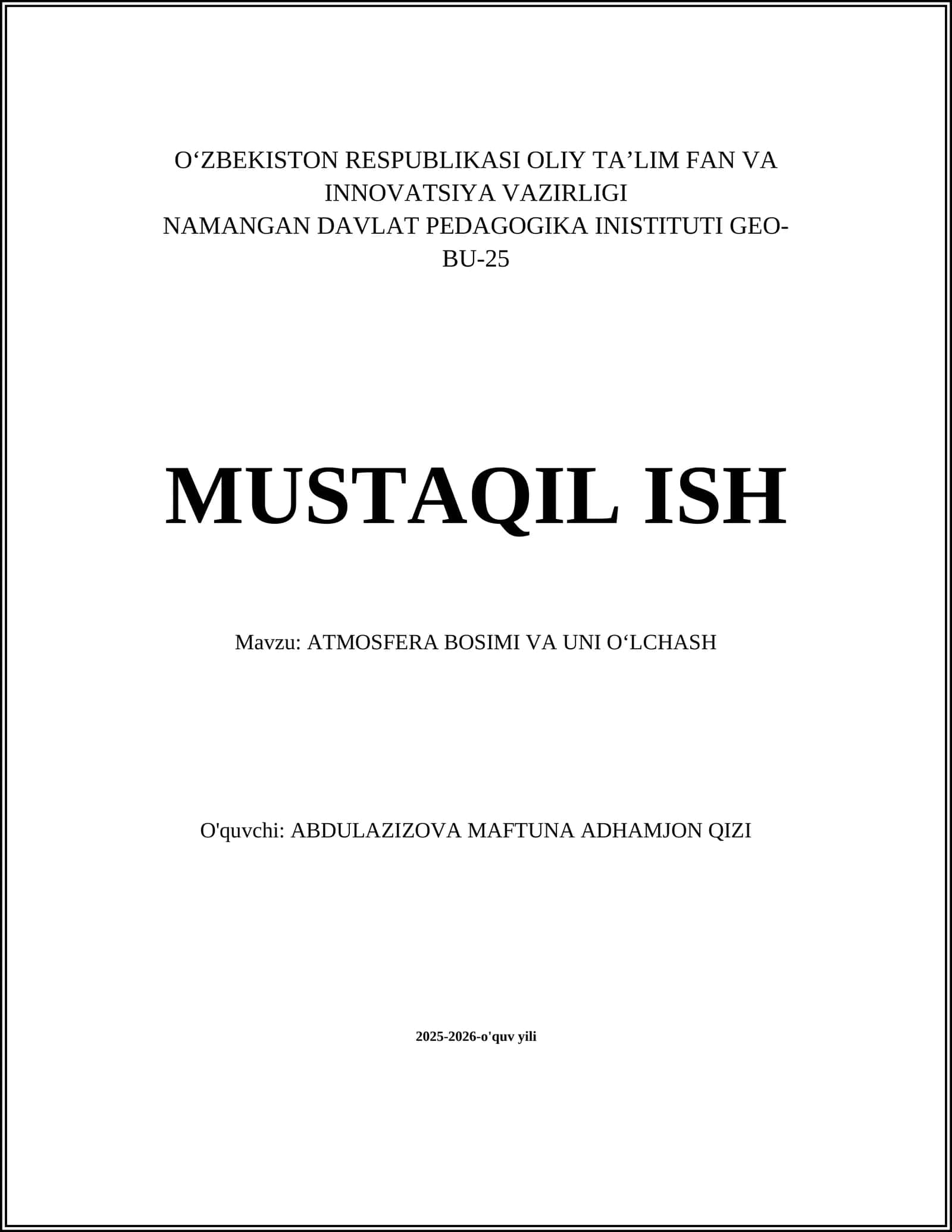ATMOSFERA BOSIMI VA UNI OʻLCHASH 1