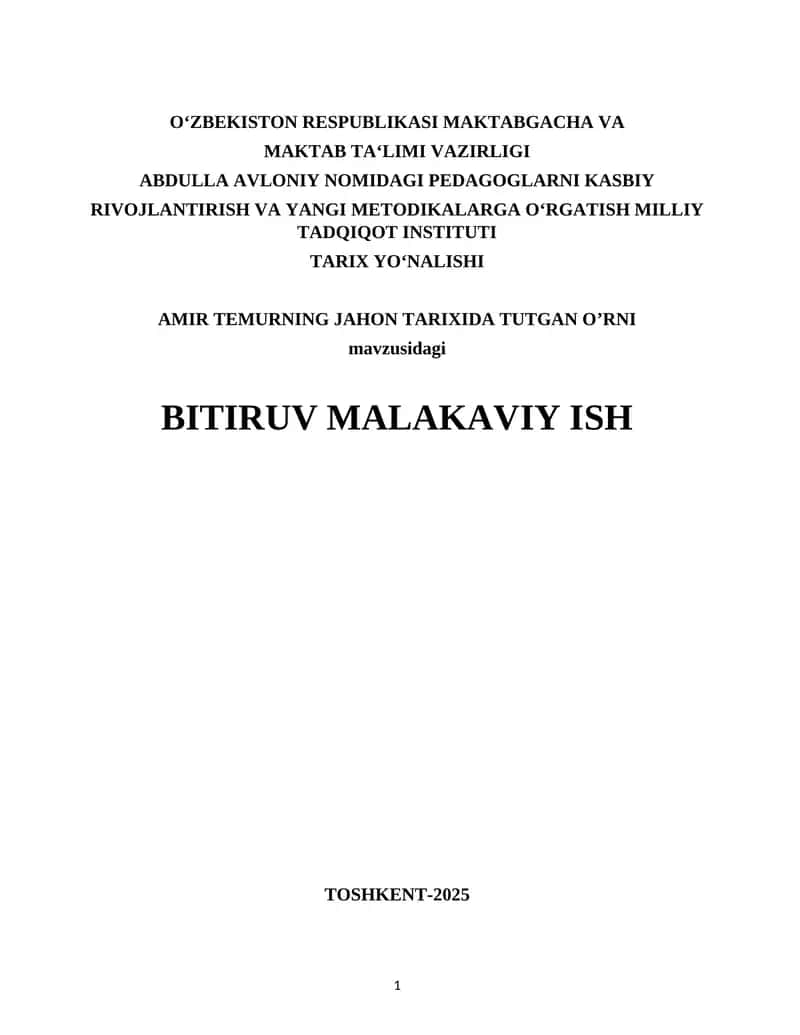 Amir Temurning Jahon tarixida tutga o`rni -BMI 1