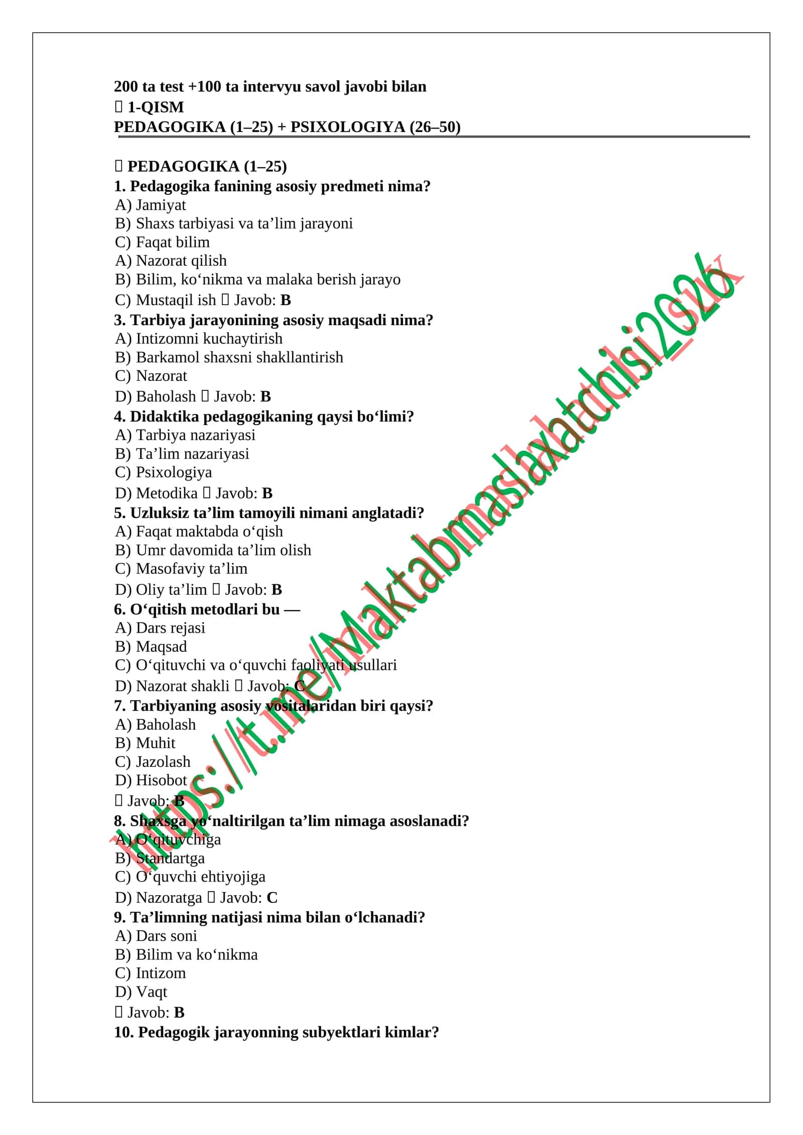 maktab maslahatchilari uchun test javoblari bilan 1