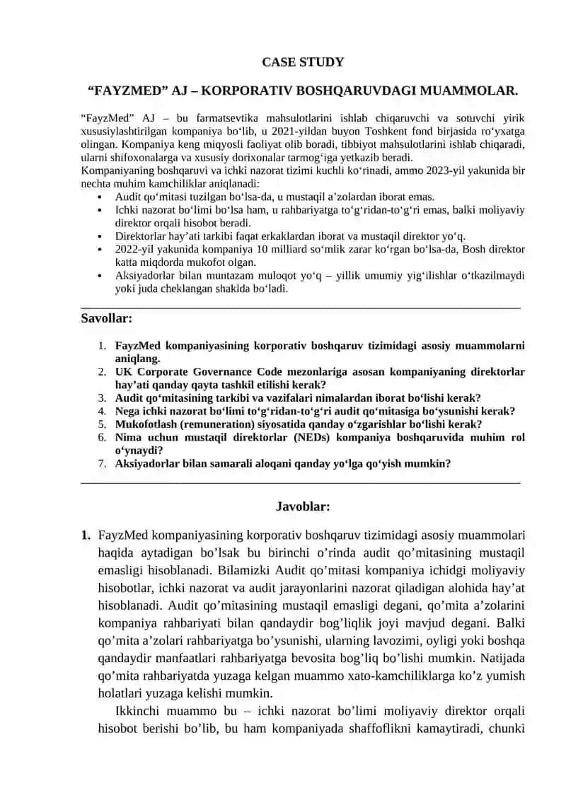 "FAYZMED" AJ – KORPORATIV BOSHQARUVDAGI MUAMMOLAR