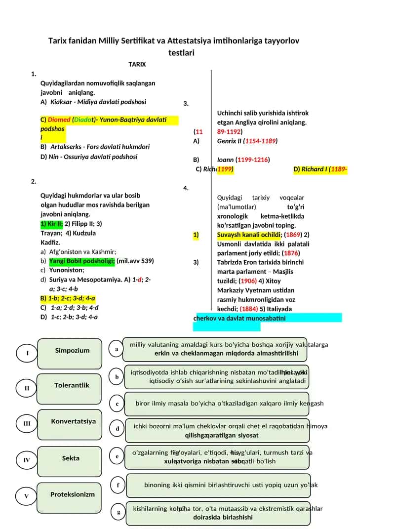 Milliy sertifikat tarix fanidan testlar javoblari 1