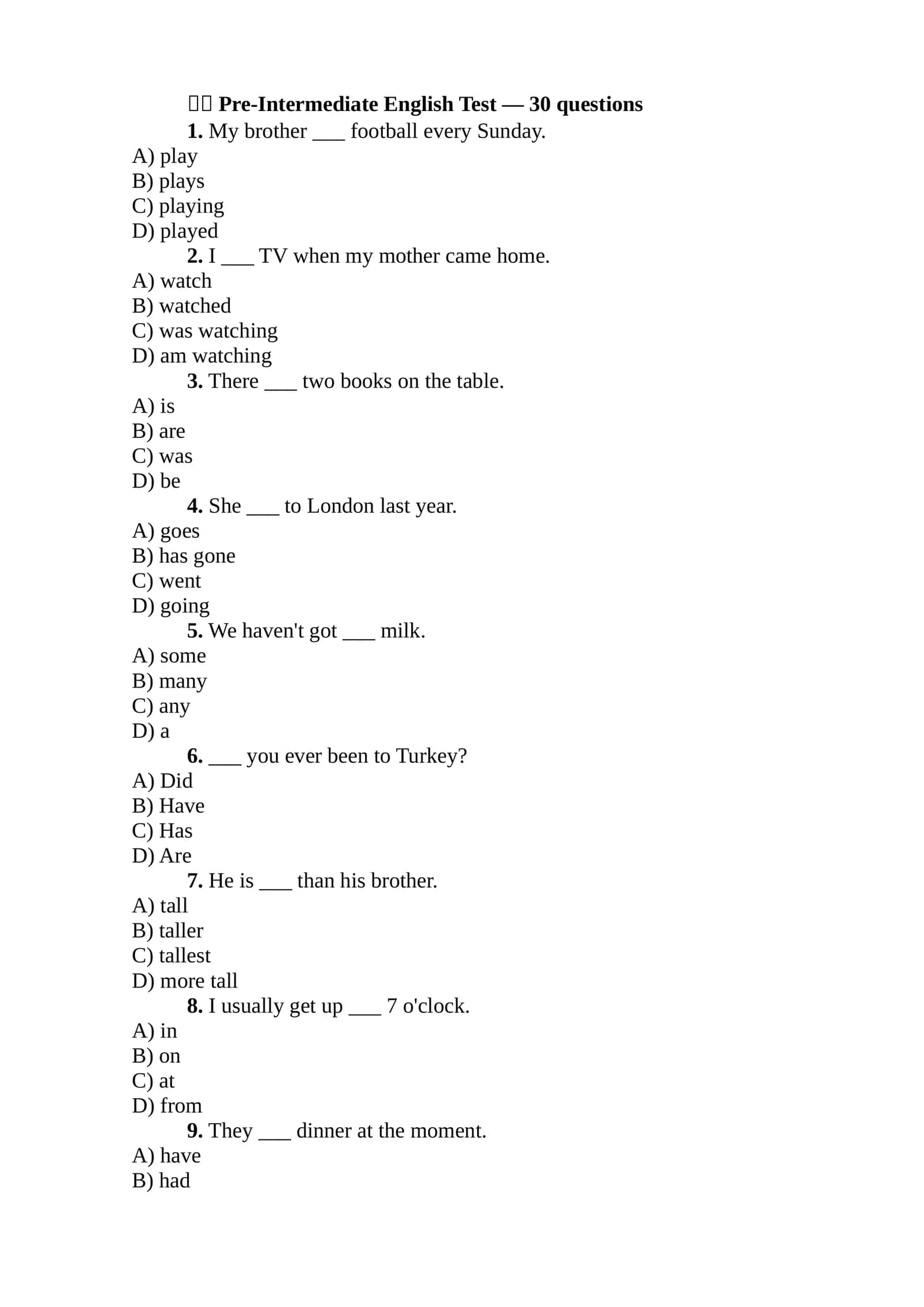 Pre-Intermediate English Test 1