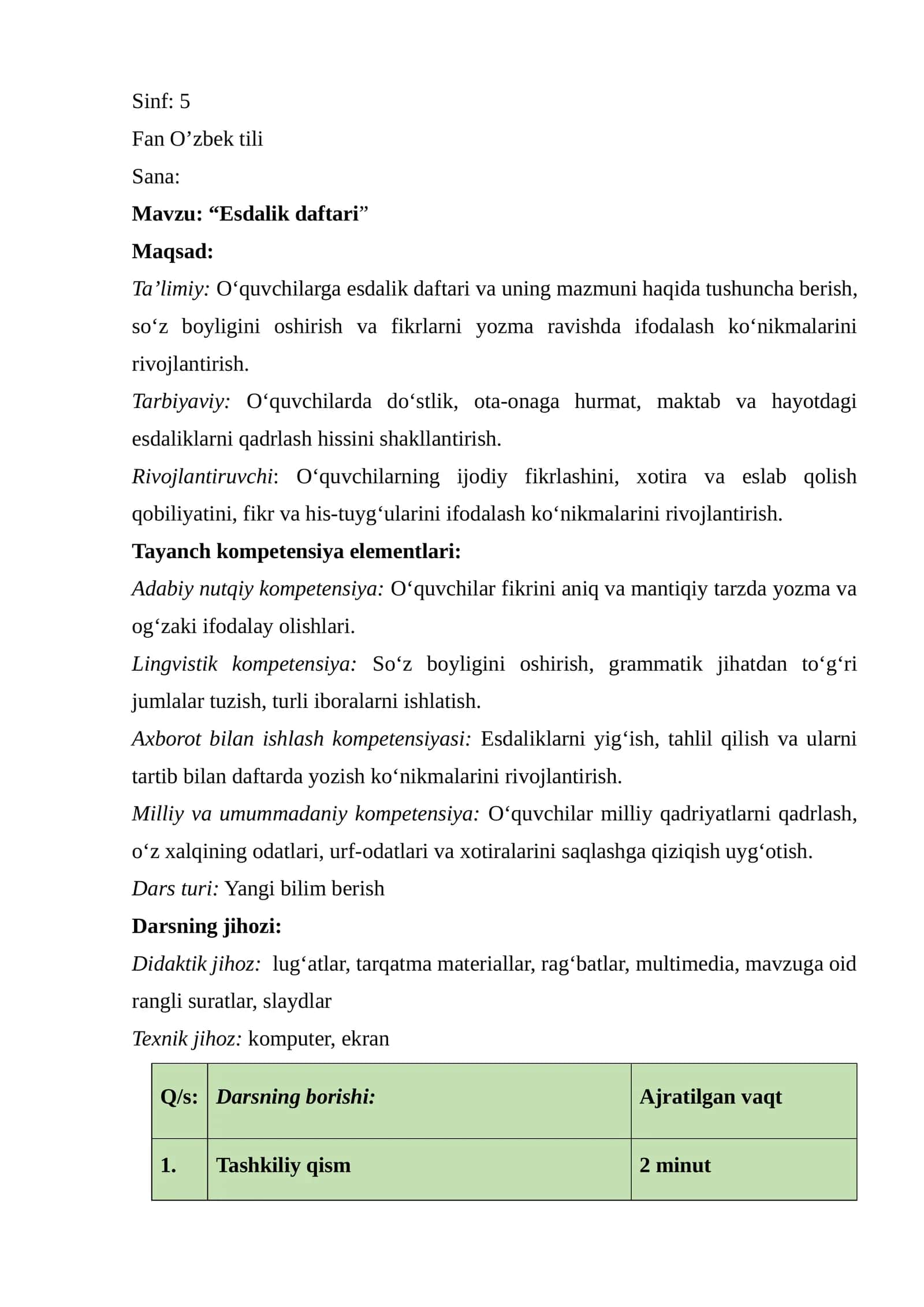 “Esdalik daftari” dars ishlanma 5-sinf 1
