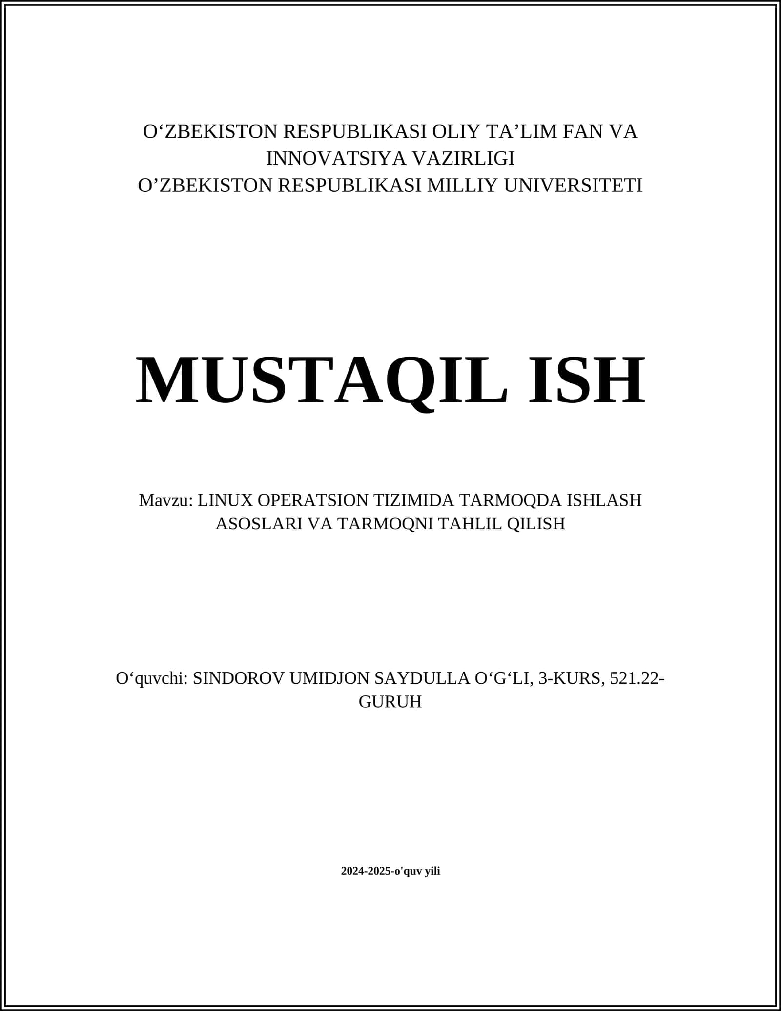 LINUX OPERATSION TIZIMIDA TARMOQDA ISHLASH ASOSLARI VA TARMOQNI TAHLIL QILISH 1