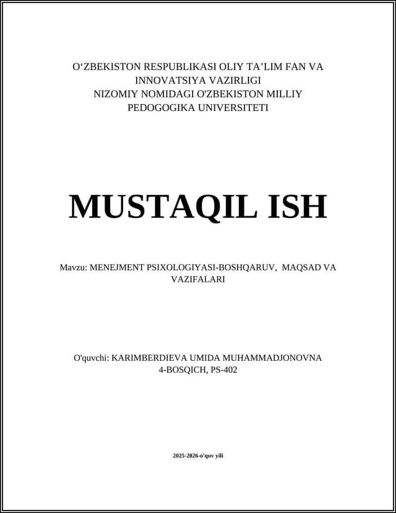 Menejment Psixologiyasi-Boshqaruv, Maqsad va Vazifalari 1
