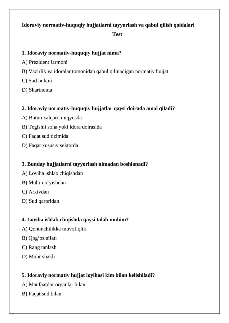 Idoraviy normativ-huquqiy hujjatlarni tayyorlash va qabul qilish qoidalari 1
