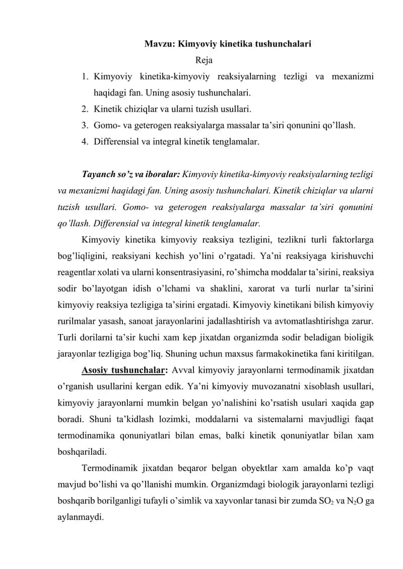 Kimyoviy kinetika tushunchalari 1