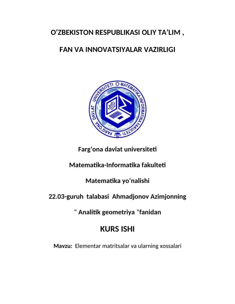 Elementar matritsalar va ularning xossalari 1