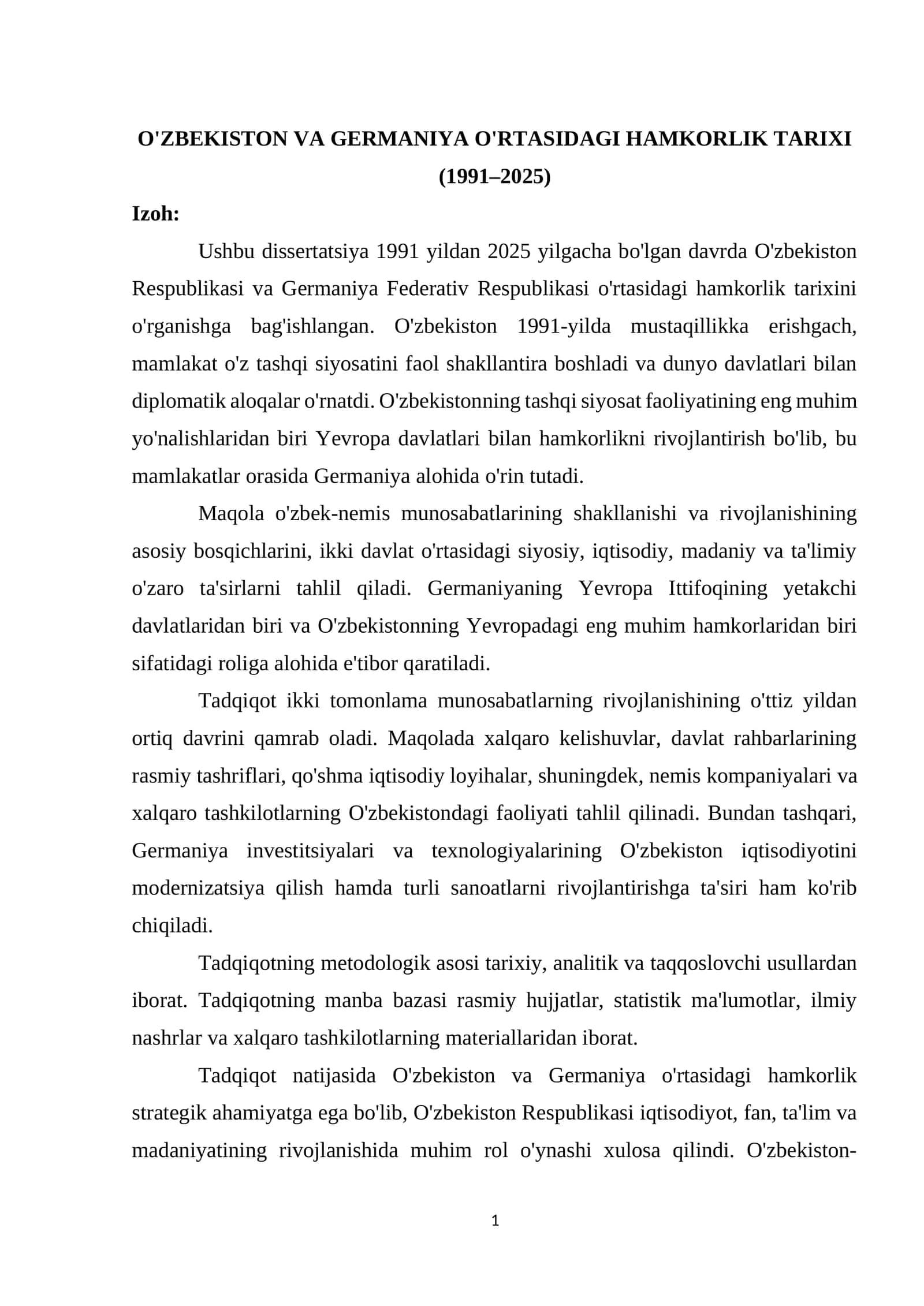 O'ZBEKISTON VA GERMANIYA O'RTASIDAGI HAMKORLIK TARIXI (1991–2025) 1