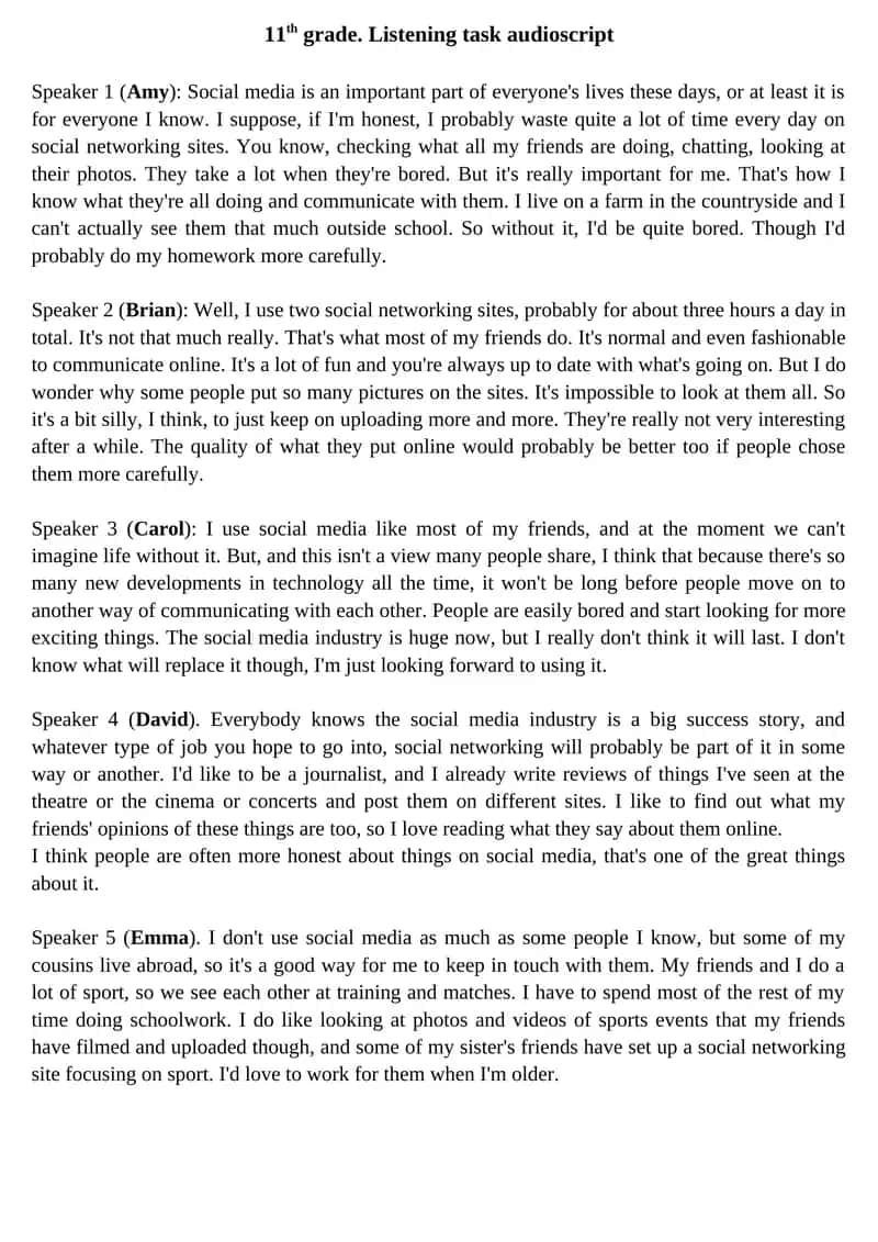 11th grade. Listening task audioscript 1