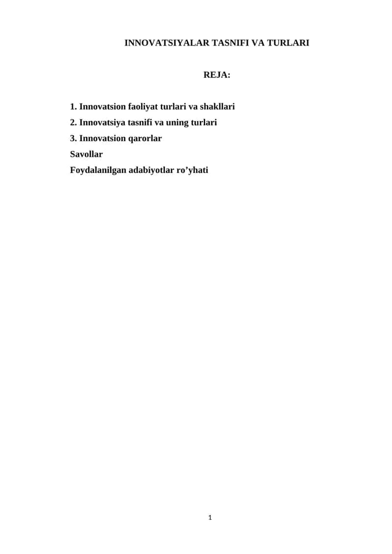 INNOVATSIYALAR TASNIFI VA TURLARI 1