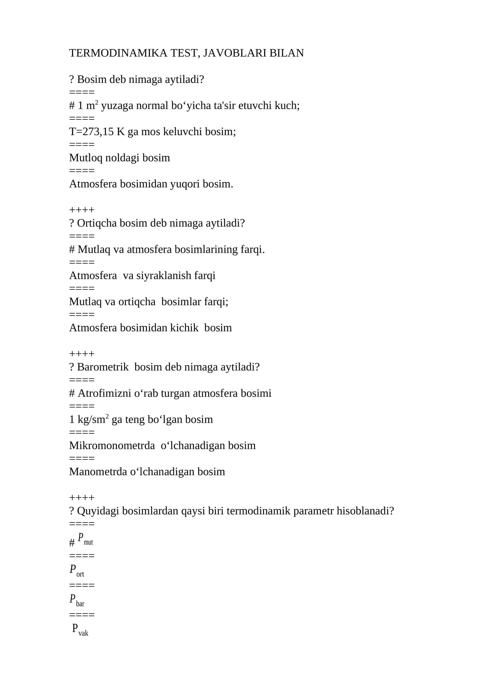 TERMODINAMIKA TEST, JAVOBLARI BILAN? 1
