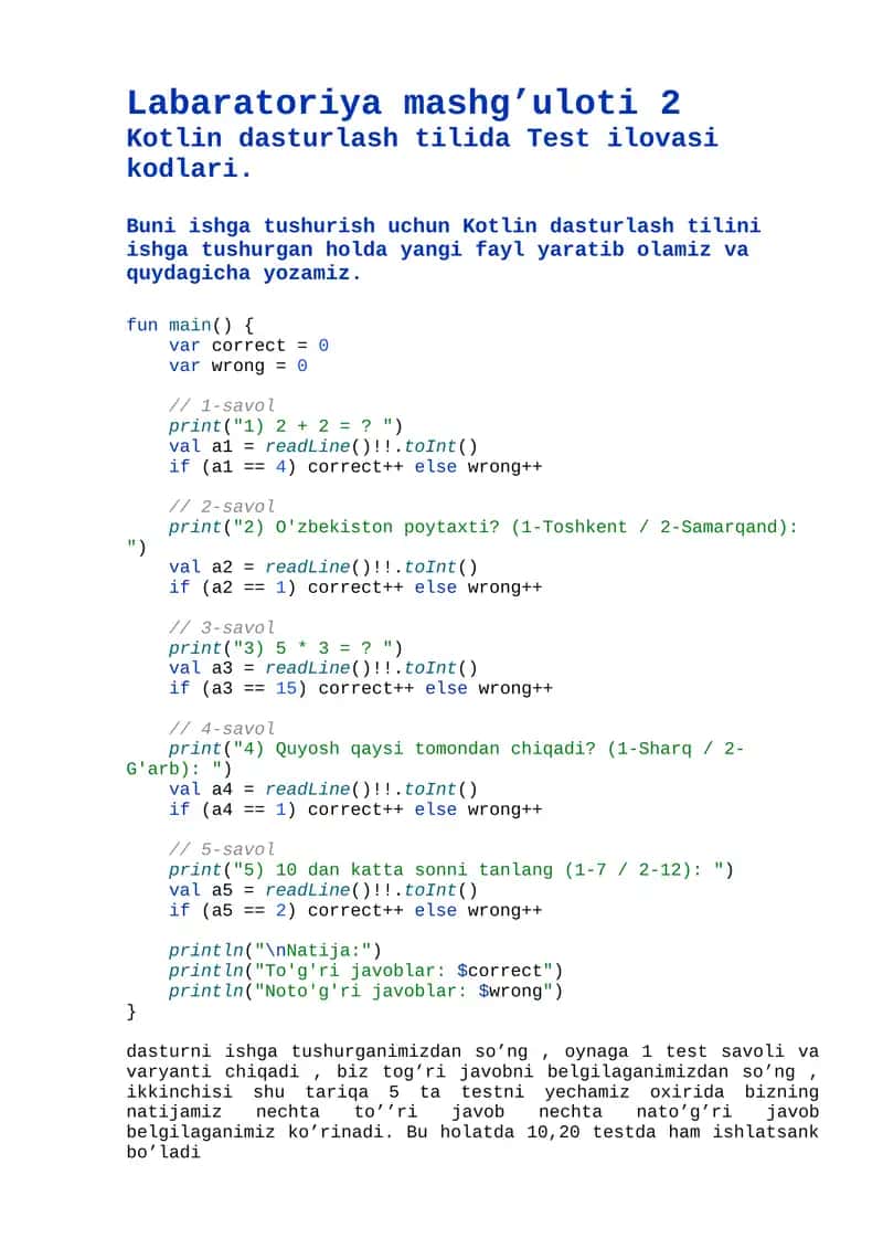 Kotlin dasturlash tilida Test ilovasi 1
